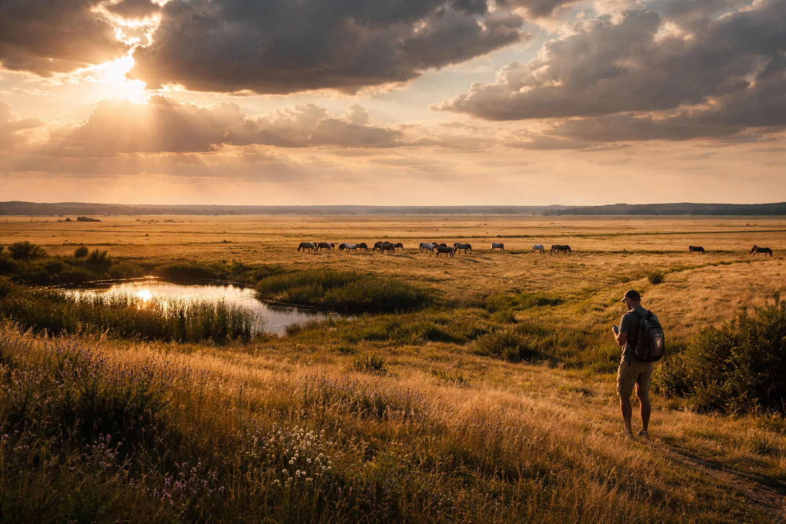 הפארק הלאומי הורתובאג’ עם תיירים ברקע ונוף ערבתי