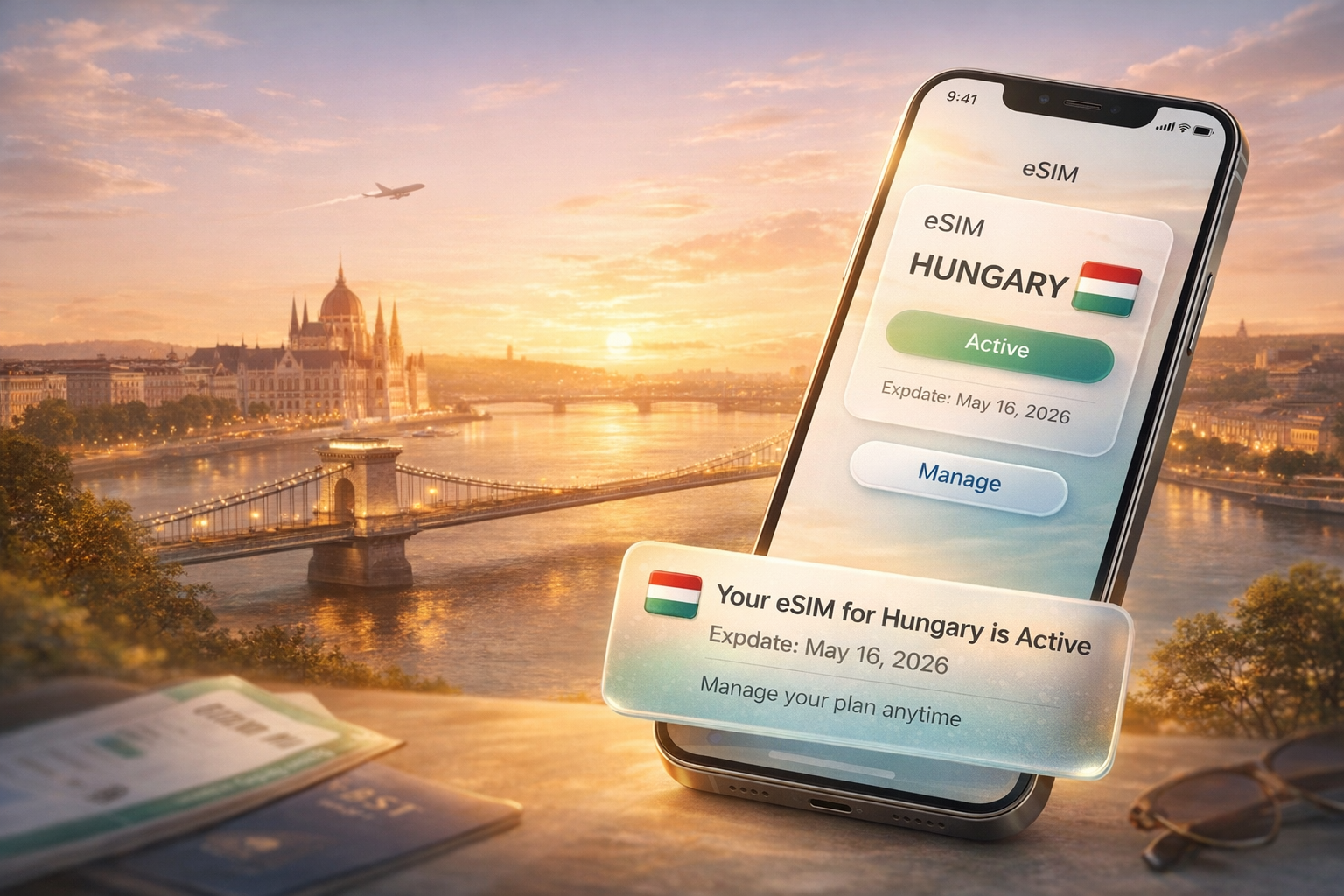 אינפוגרפיקה של eSIM להונגריה על מסך סמארטפון על רקע בודפשט, המציגה סטטוס פעיל, תאריך סיום וניהול חבילה