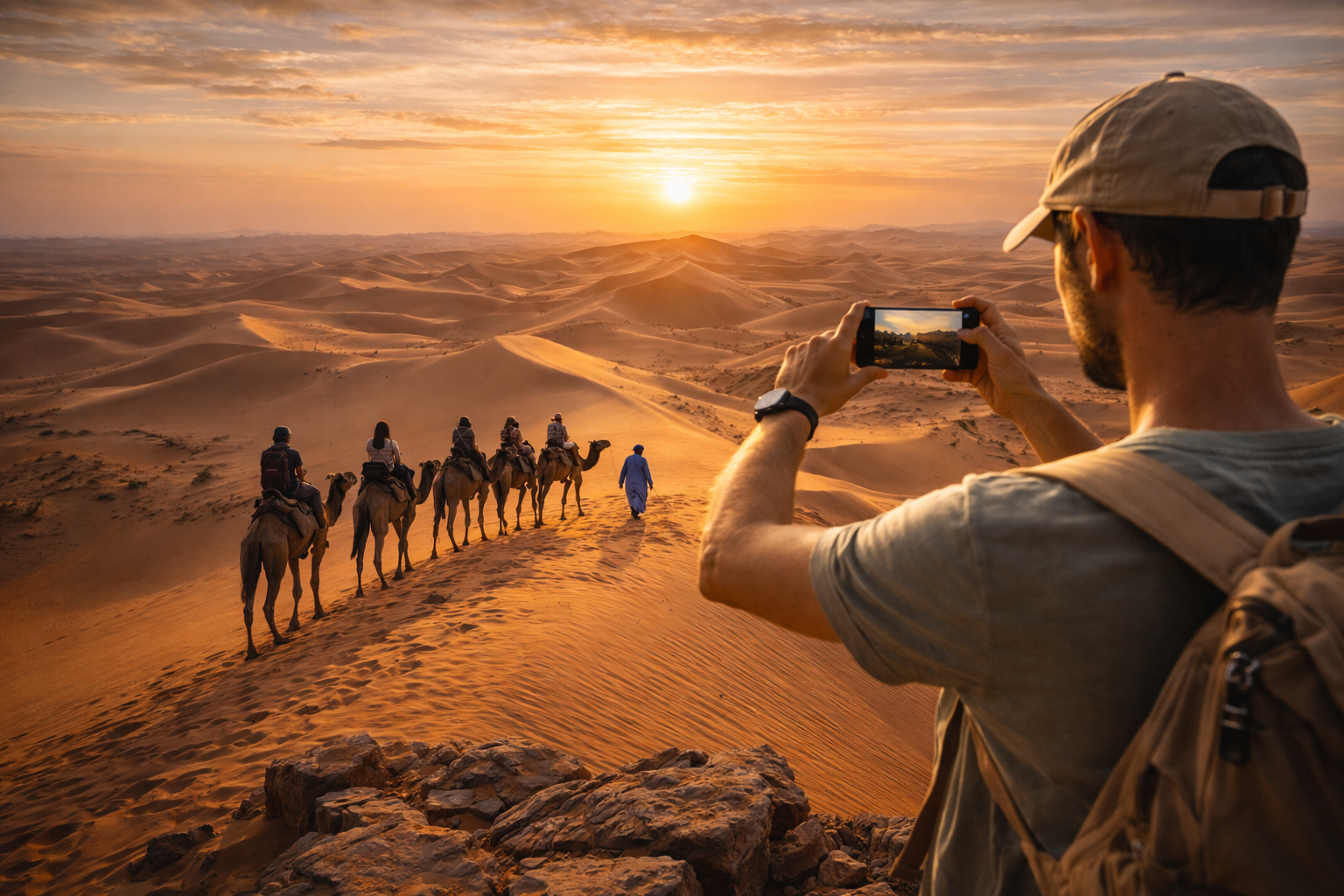 Sand dunes of the Erg region in the Algerian Sahara with a camel caravan