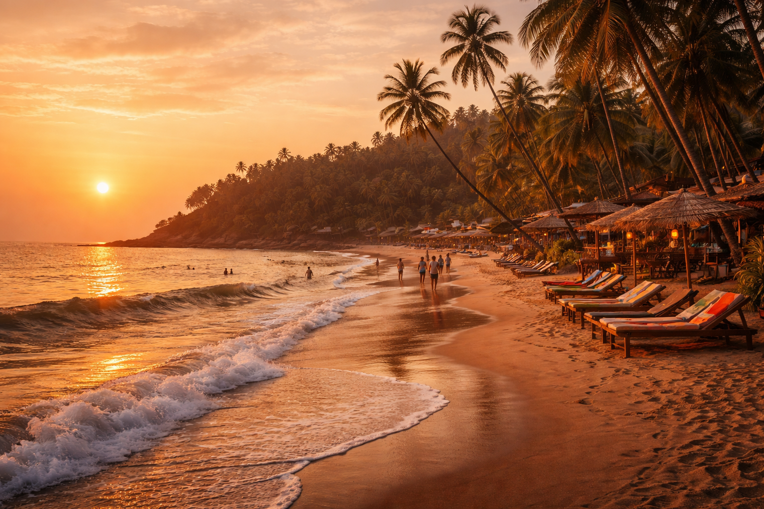 گوا کا اشنکٹبندیی ساحل غروبِ آفتاب پر، سنہری ریت، کھجوریں، سمندر کی نرم لہریں اور آرام دہ ریزورٹ جیسا گرم شام کا آسمان۔