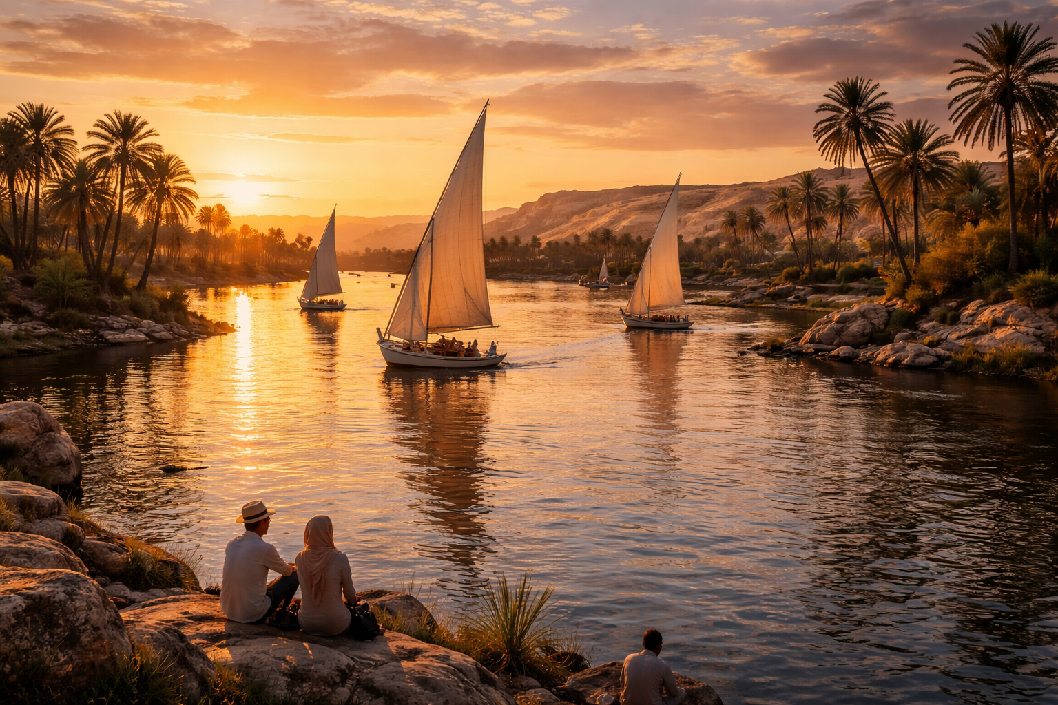 The Nile and felucca sailboats in Aswan at sunset — travelers explore Egypt with eSIM internet
