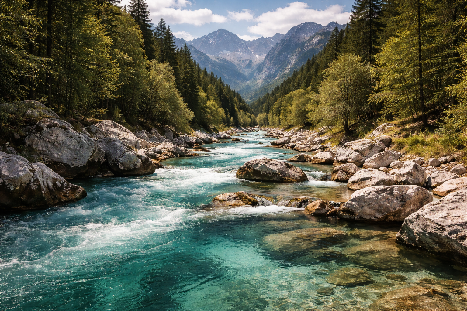 נהר סוצ'ה בסלובניה עם מים טורקיז עזים, גדות סלעיות, יערות ירוקים והרים ברקע