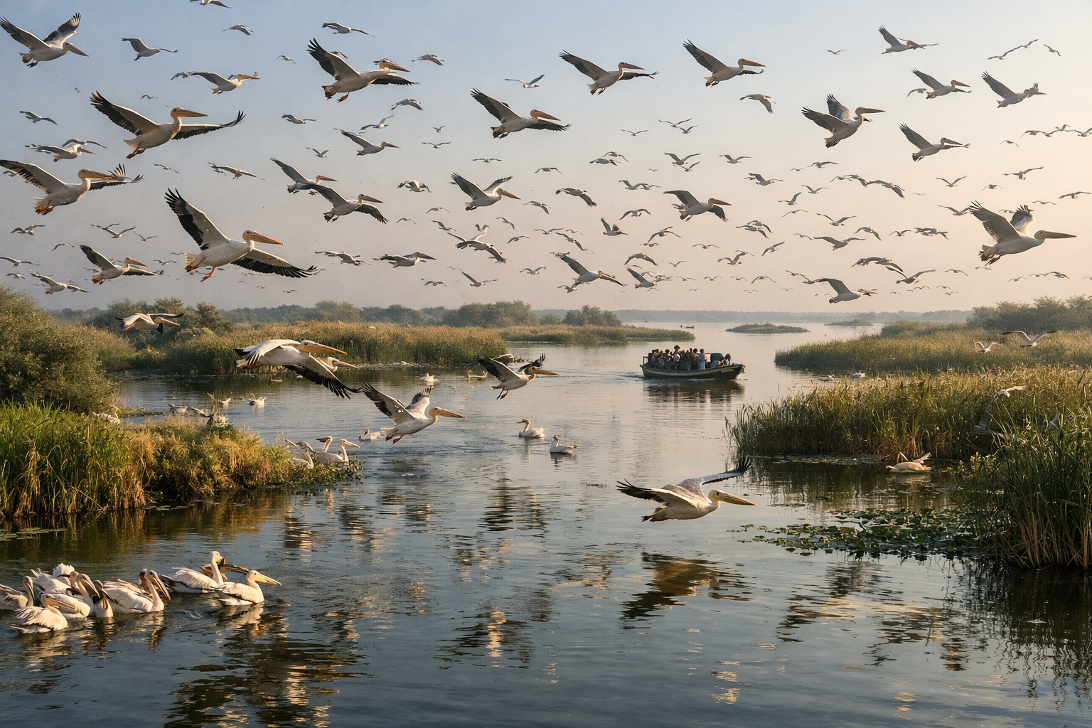 Pelicans and water lagoons of Djoudj National Bird Sanctuary.