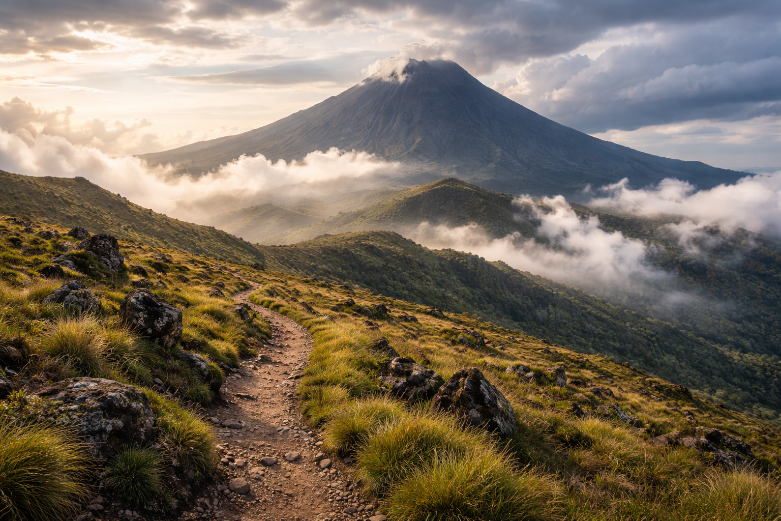 Mount Cameroon volcano with clouds and mountainous landscape