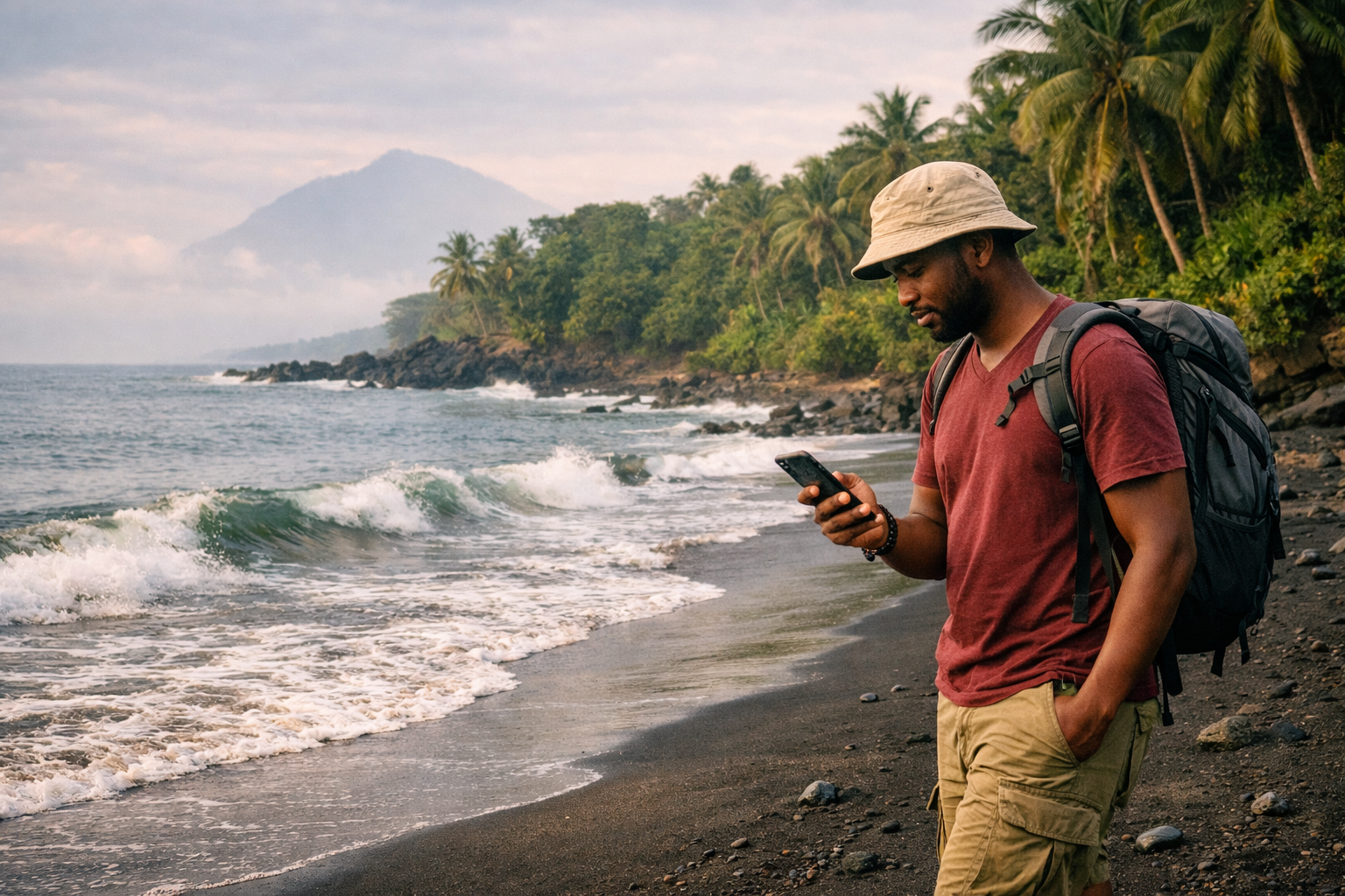 Limbe beach with black sand and a traveler checking their phone