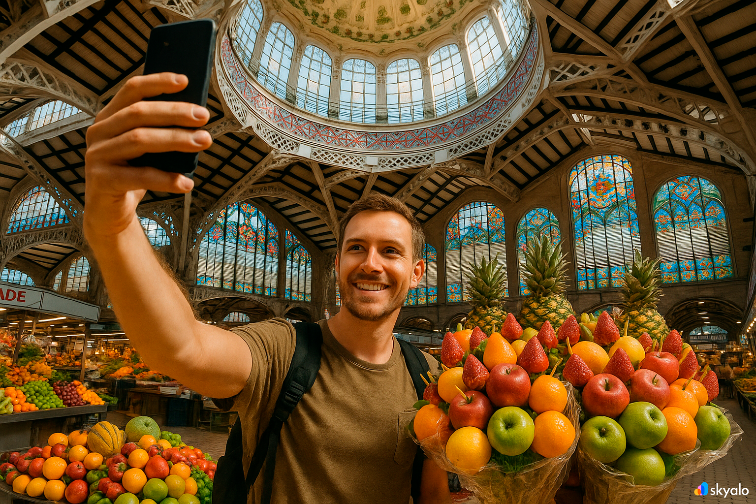 Selfie under the dome of Valencia’s Mercat Central, colorful fruits and stained-glass windows