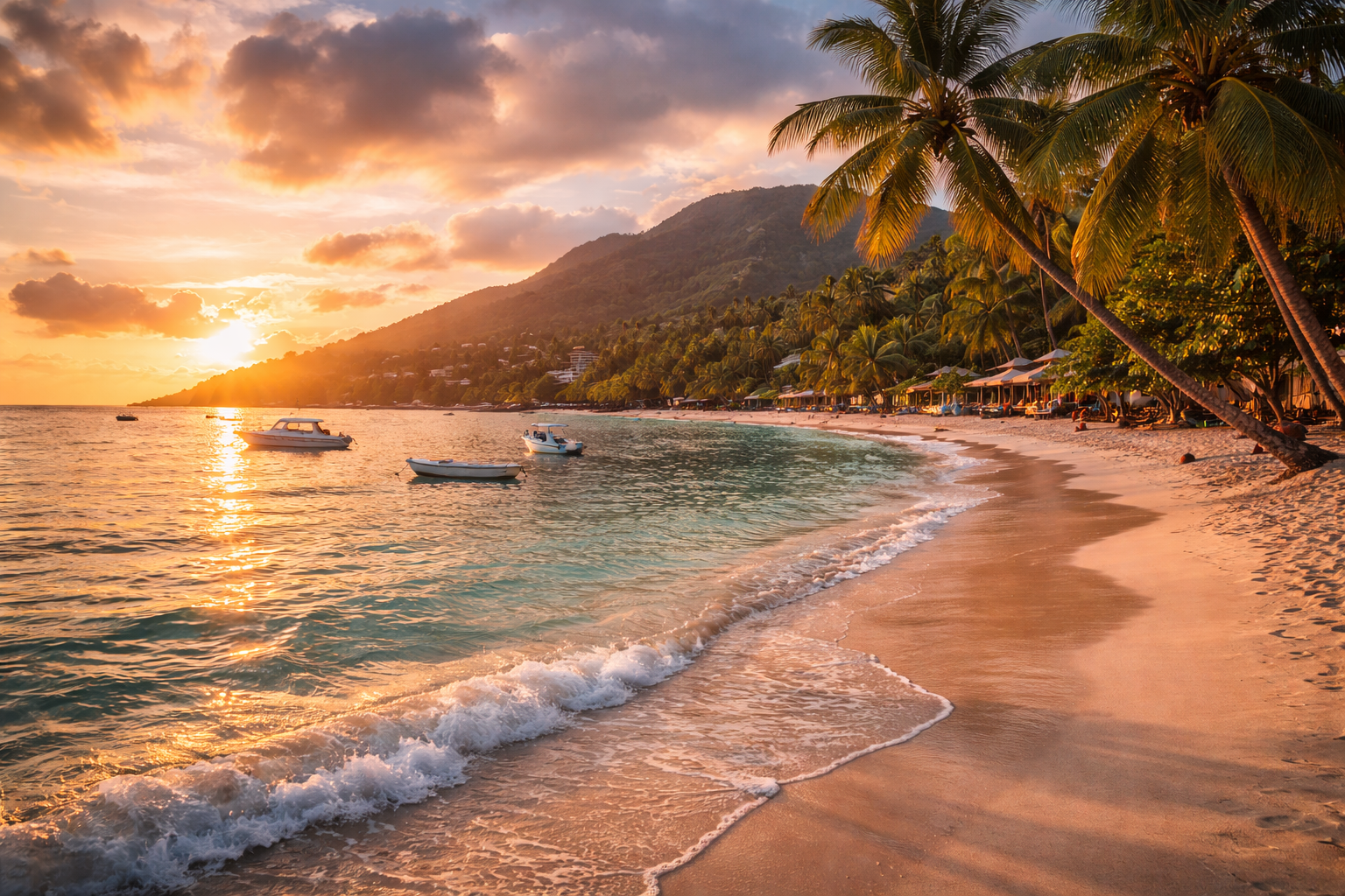 شاطئ بو فالون في سيشل بأمواجه الهادئة ونخيله وضوء الغروب