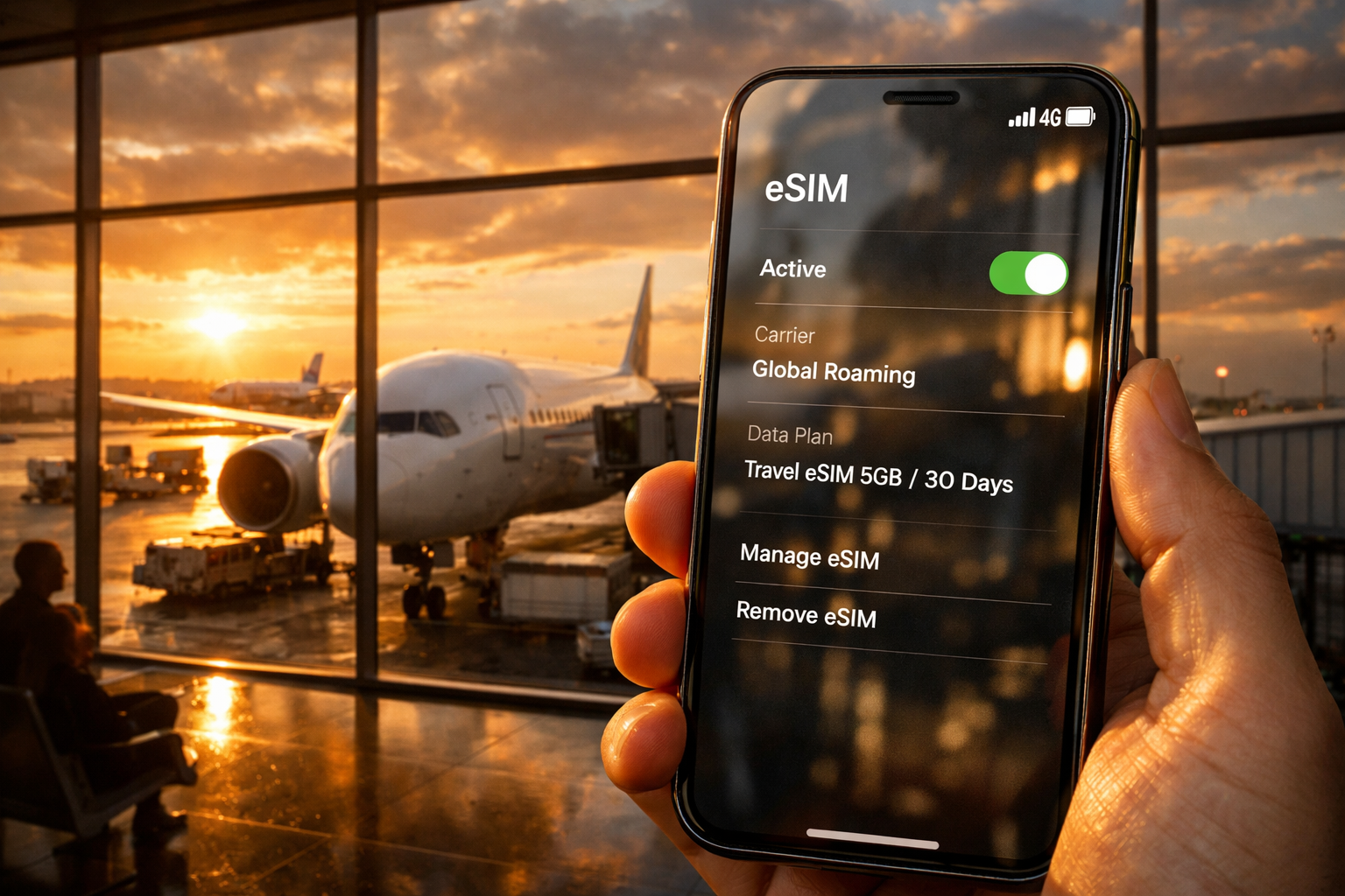 Activating an eSIM on a smartphone at the airport before a trip, a plane at the terminal at sunset