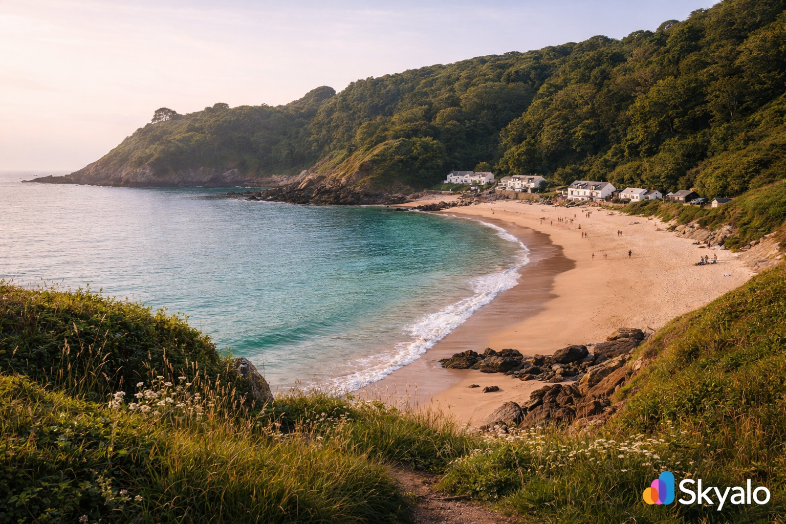 מפרץ גרב דה-לק השקט בג'רזי עם חוף, גבעות ירוקות ונוף ימי רגוע.