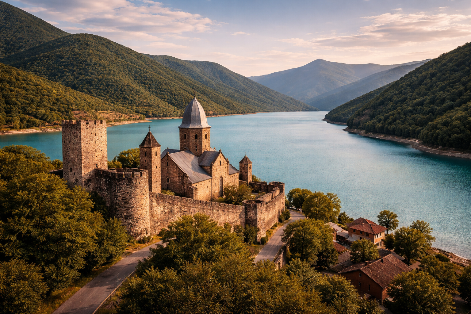 Fortaleza de Ananuri junto al embalse - lugar pintoresco de Georgia