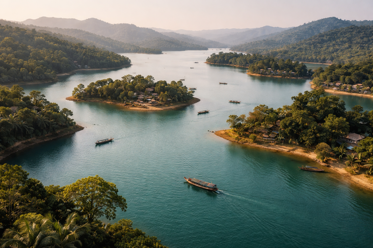 אגם קפטאי ברנגמטי עם גבעות, סירות ונוף טבעי רחב