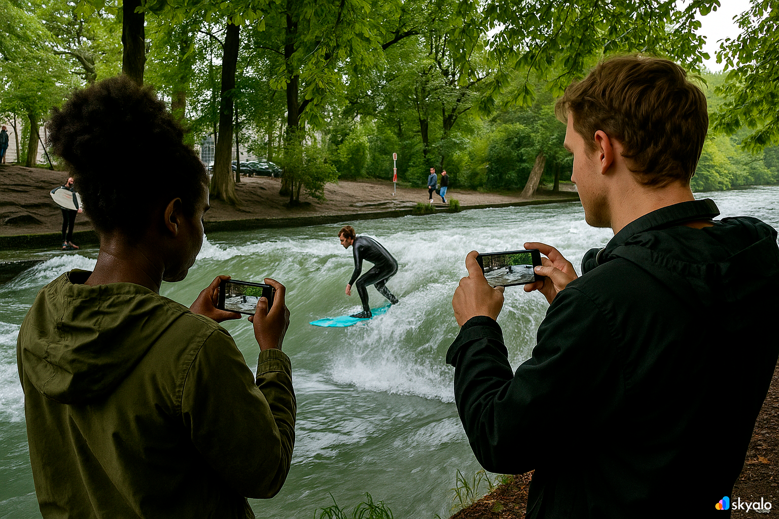 Munich, English Garden; friends are filming surfers on the Eisbach wave with their phone.