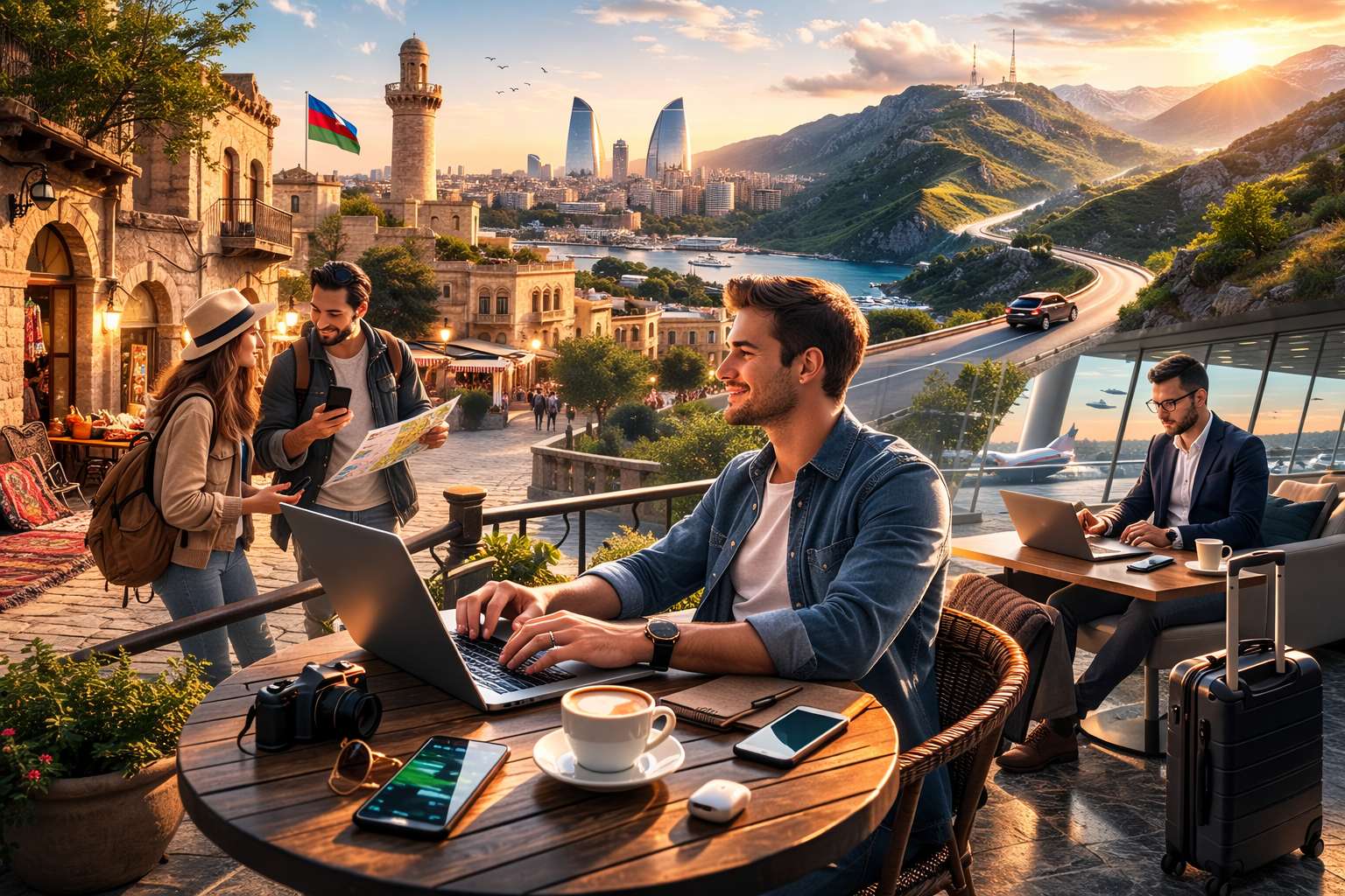 A cinematic lifestyle scene in Azerbaijan—foreground: a young traveler works on a laptop in a Baku café, a smartphone on the table next to coffee; left: a couple strolls through the Old City with a map and phone; right: a business traveler in an airport lounge with a suitcase; background: a winding road in the Caucasus Mountains and the silhouette of the Flame Towers.