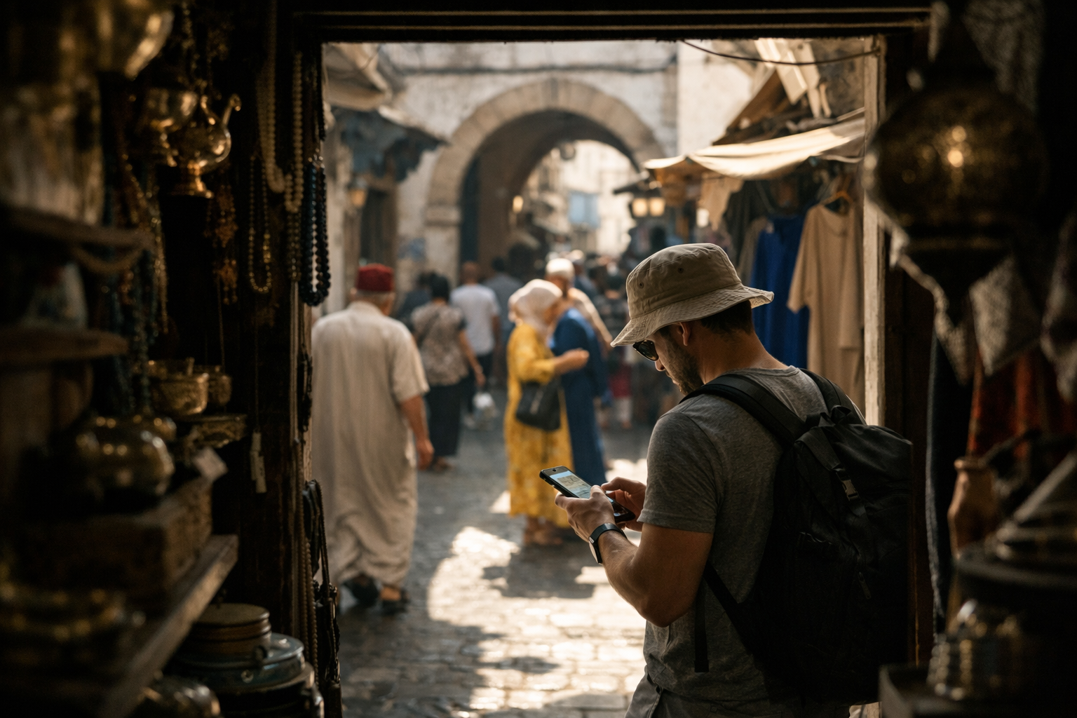 Smal gate i medinaen i Tunis med turist som bruker smarttelefon til navigasjon