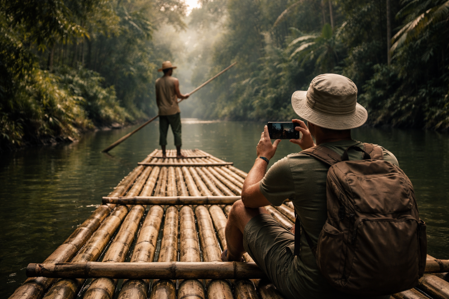 A bamboo raft on a jungle river, a tourist mid-frame filming the scenery on a smartphone