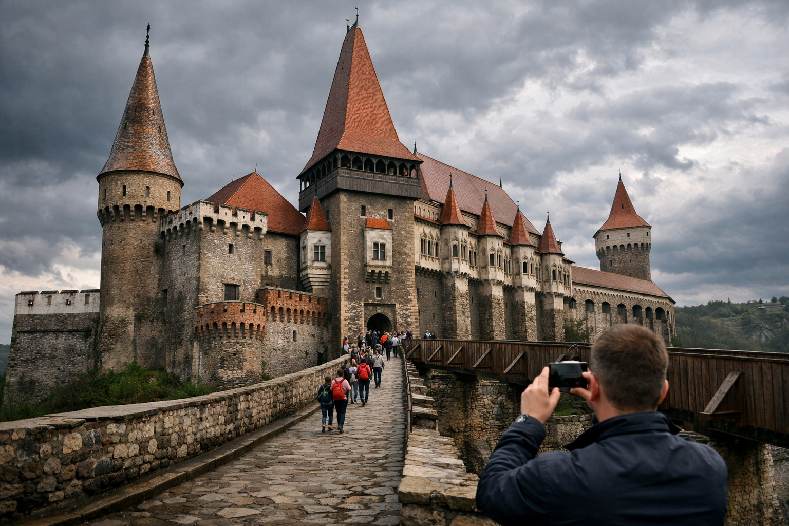 The Gothic Corvin Castle with a bridge and towers.