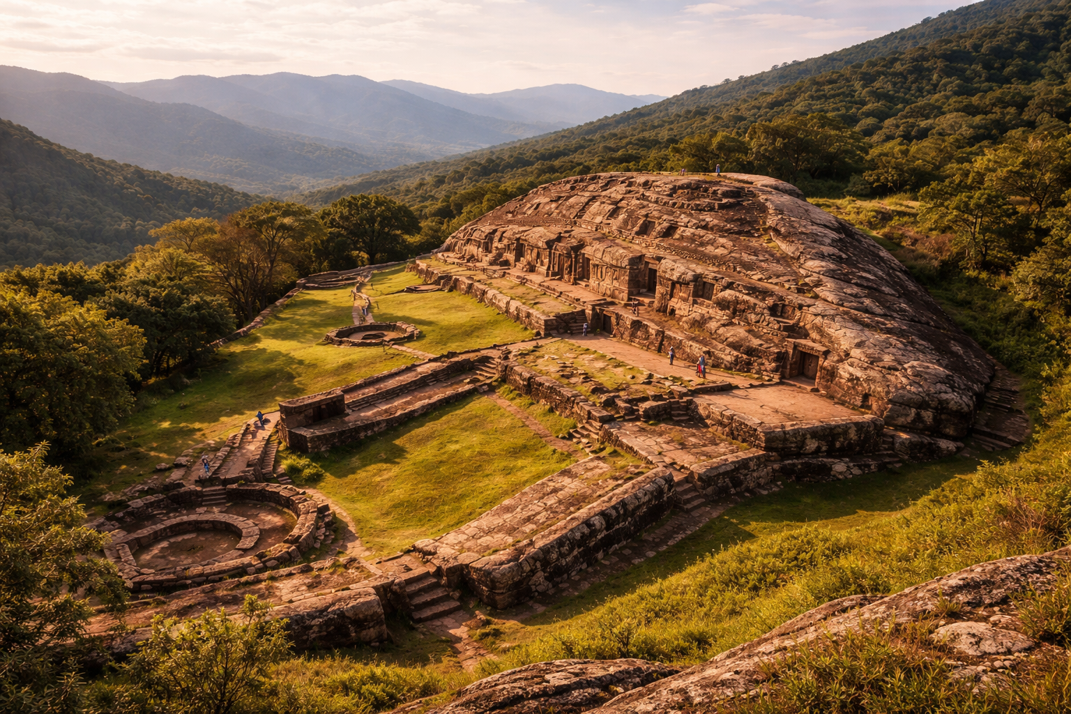 מבצר סאמייפטה בבוליביה עם צורות חצובות באבן, נוף גבעות ירוק ואור טבעי חם.