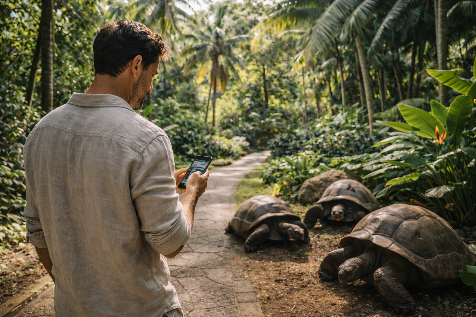 الحديقة النباتية الوطنية في سيشل بالنباتات الاستوائية ورجل يستخدم هاتفه مع eSIM