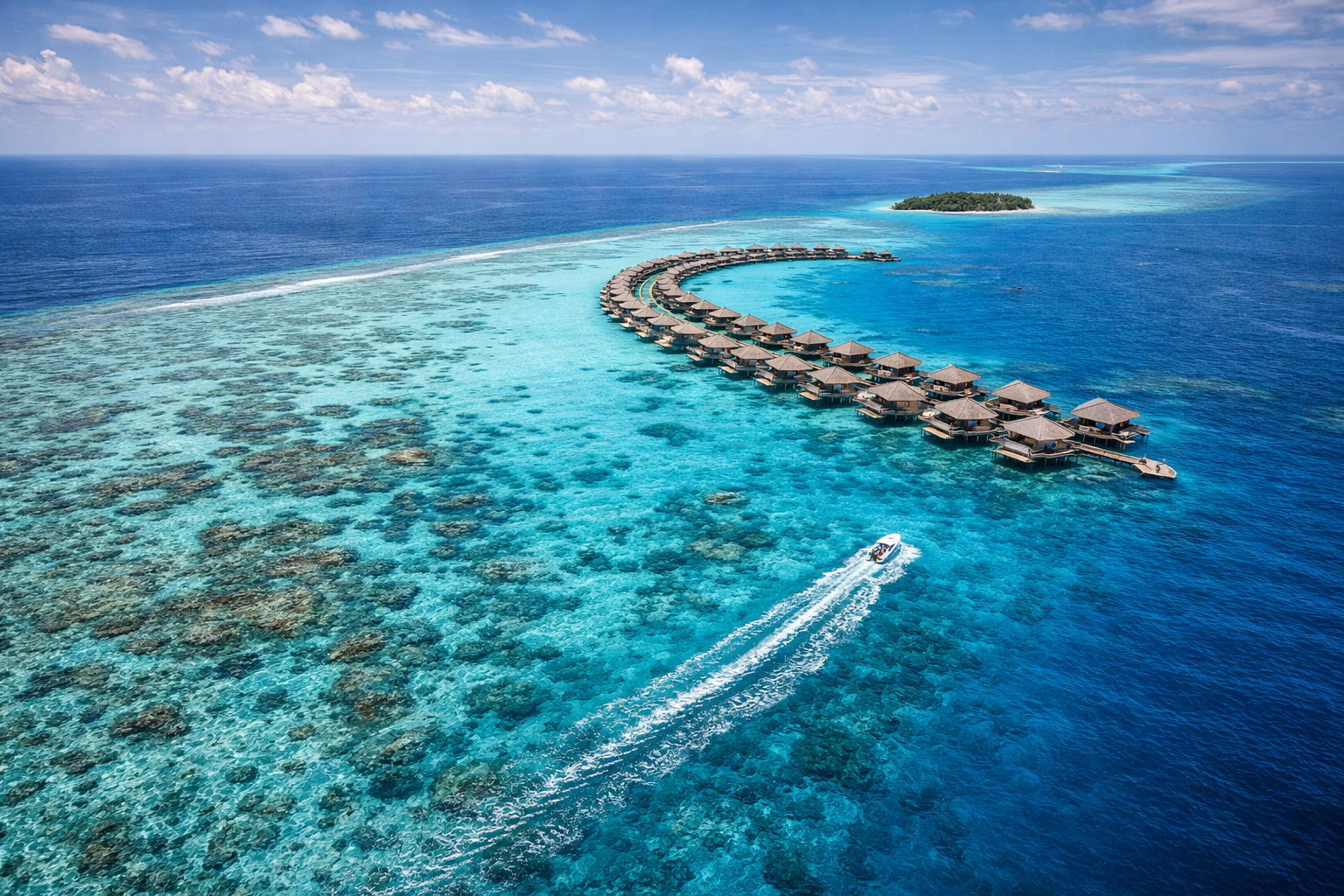 Panoramic view of South Malé Atoll with a lagoon and overwater villas