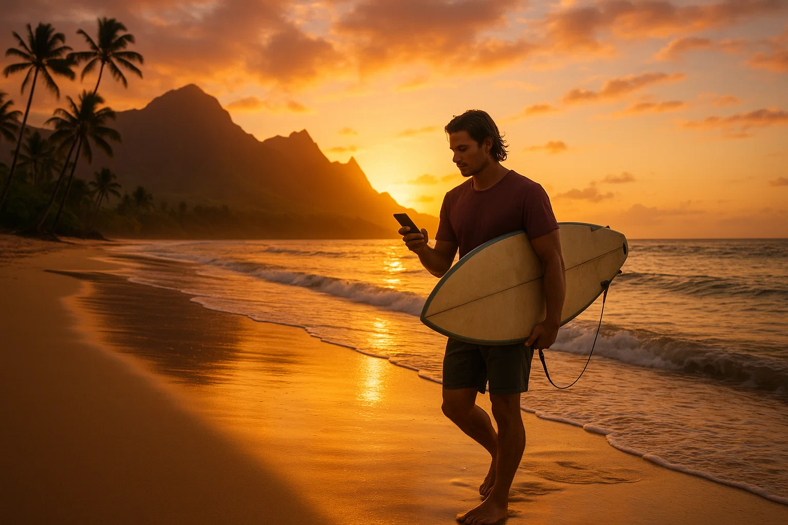 Surfer in Hawaii with phone and sunset