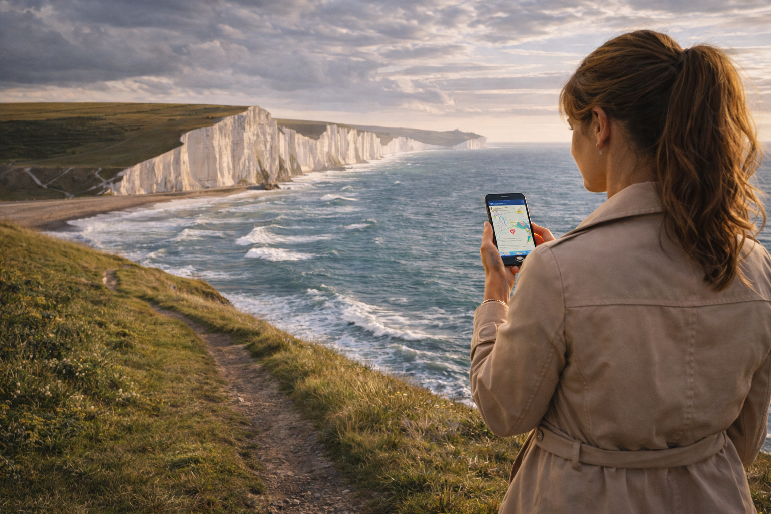 The white Seven Sisters cliffs and a tourist with a smartphone with an eSIM on England’s coast