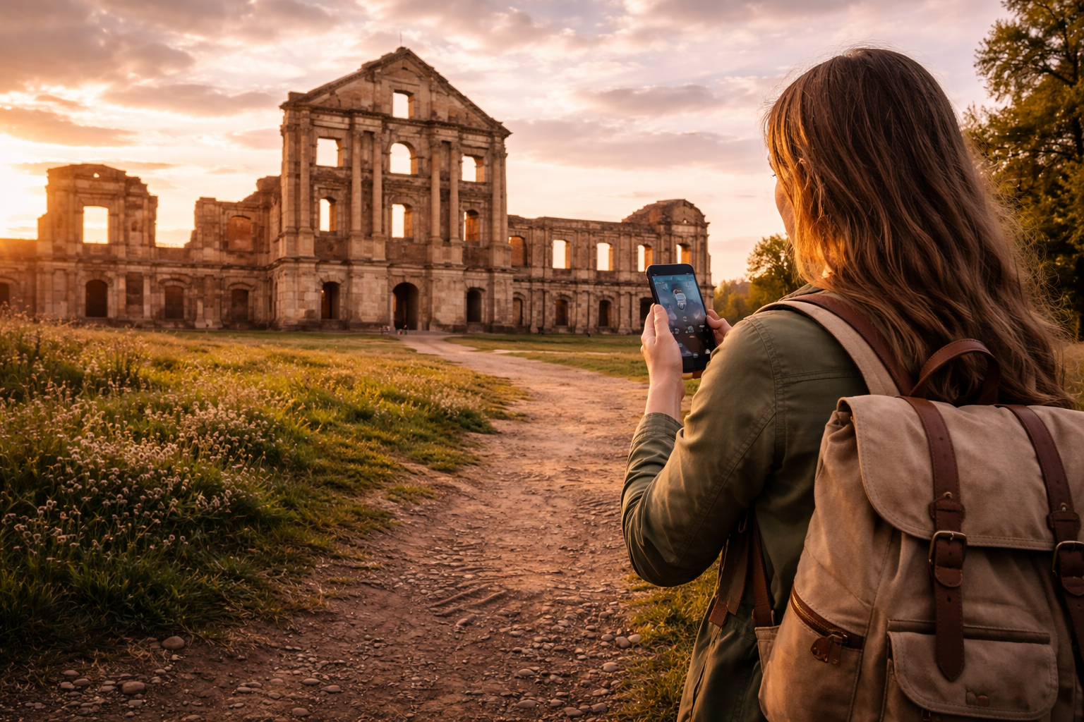 ルジャヌィ宮殿の遺構、スマホとeSIMを持つ旅行者