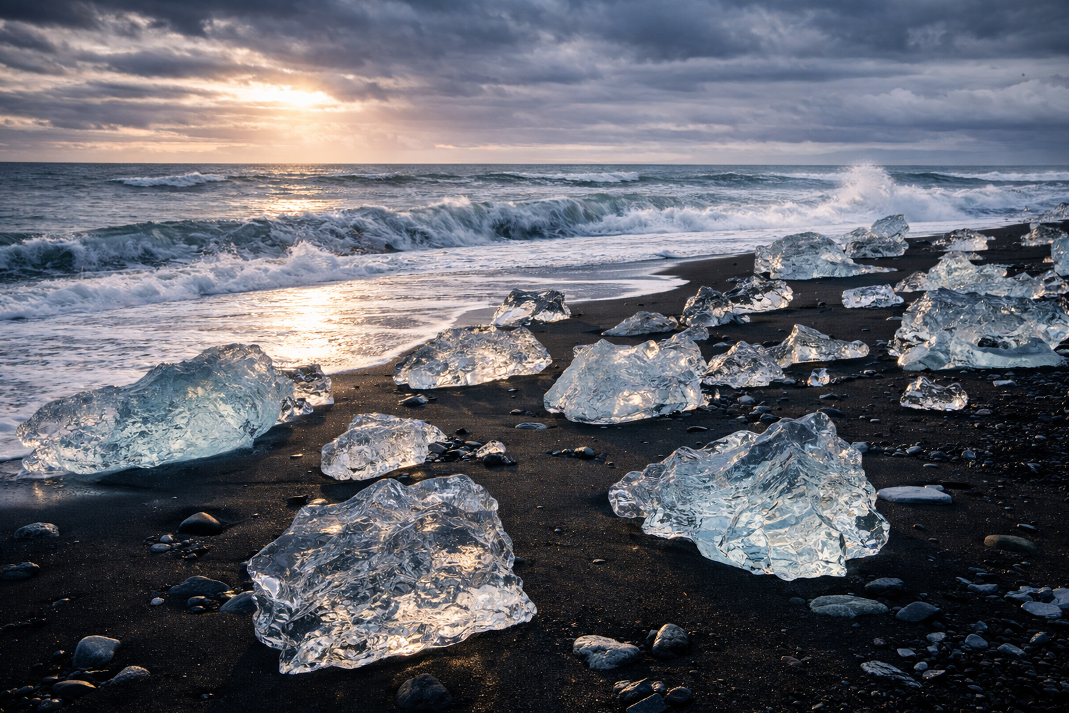 Dimantu pludmale Islandē ar ledus gabaliem uz melnajām vulkāniskajām smiltīm pie okeāna