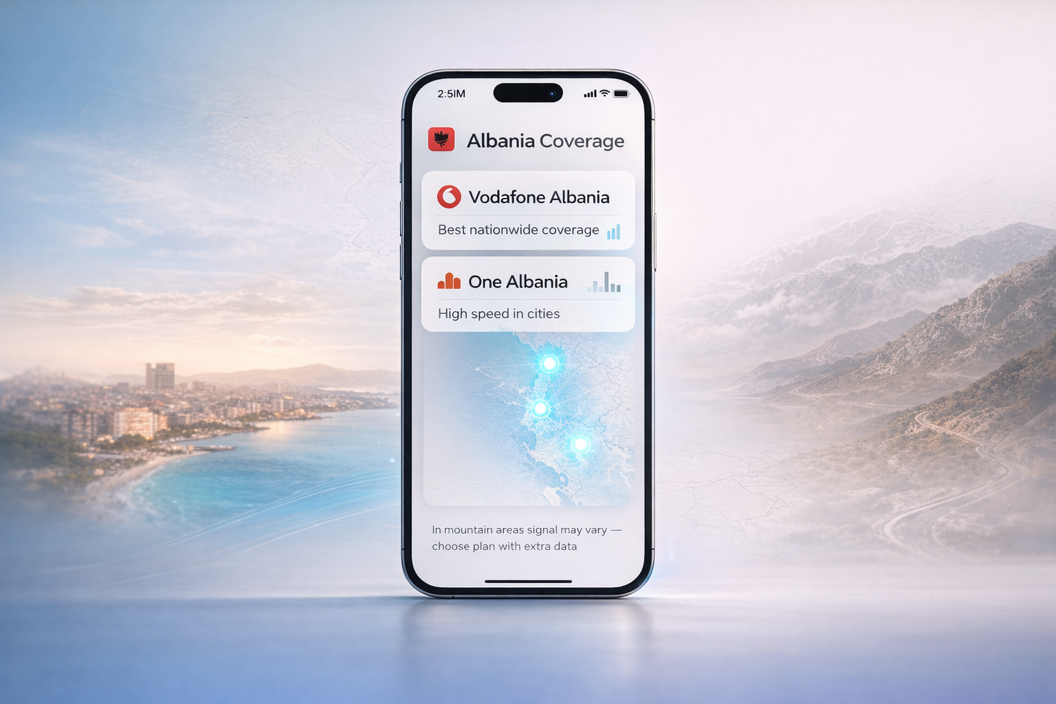 A smartphone showing the Albania Coverage screen—Vodafone Albania and One Albania—with a country signal map stronger in cities and along the coast.