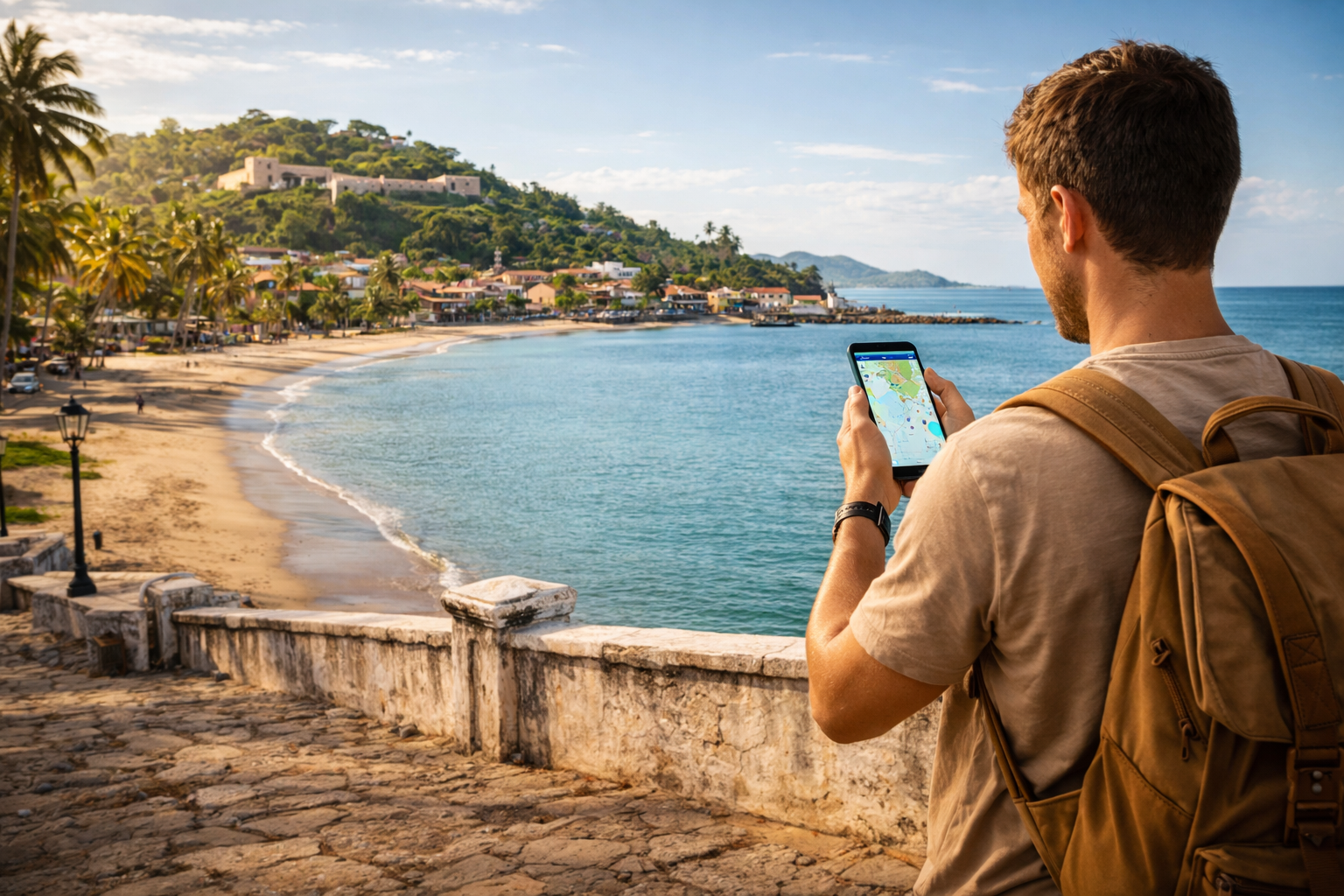 המפרץ הקריבי של טרוחיו בהונדורס עם חוף, דקלים, מבצר היסטורי ומטייל עם סמארטפון עם eSIM פעילה