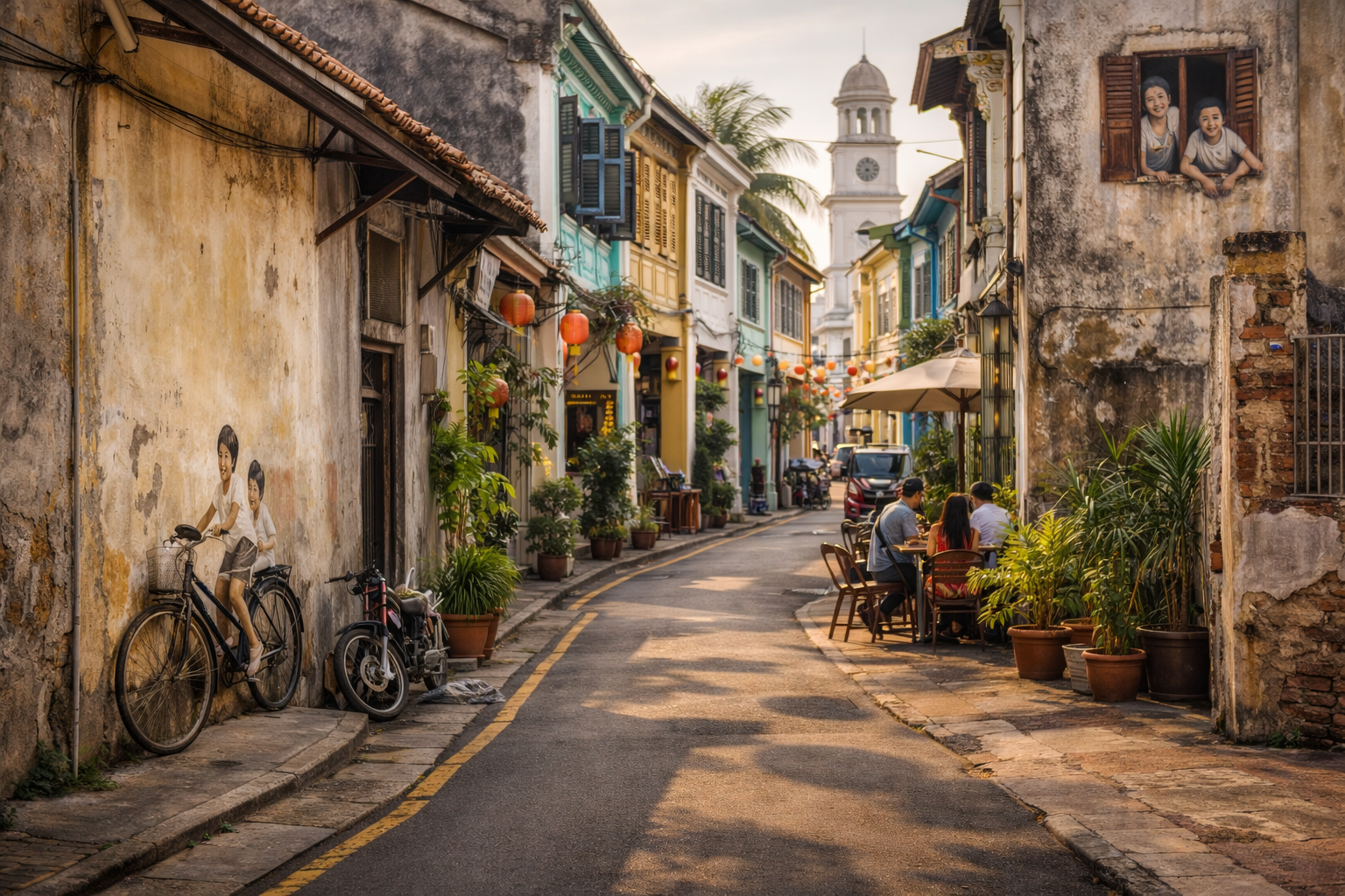 Улица в Джорджтауне на Пенанге с колониальными зданиями, уличным искусством, уютными фасадами и атмосферой исторического города
