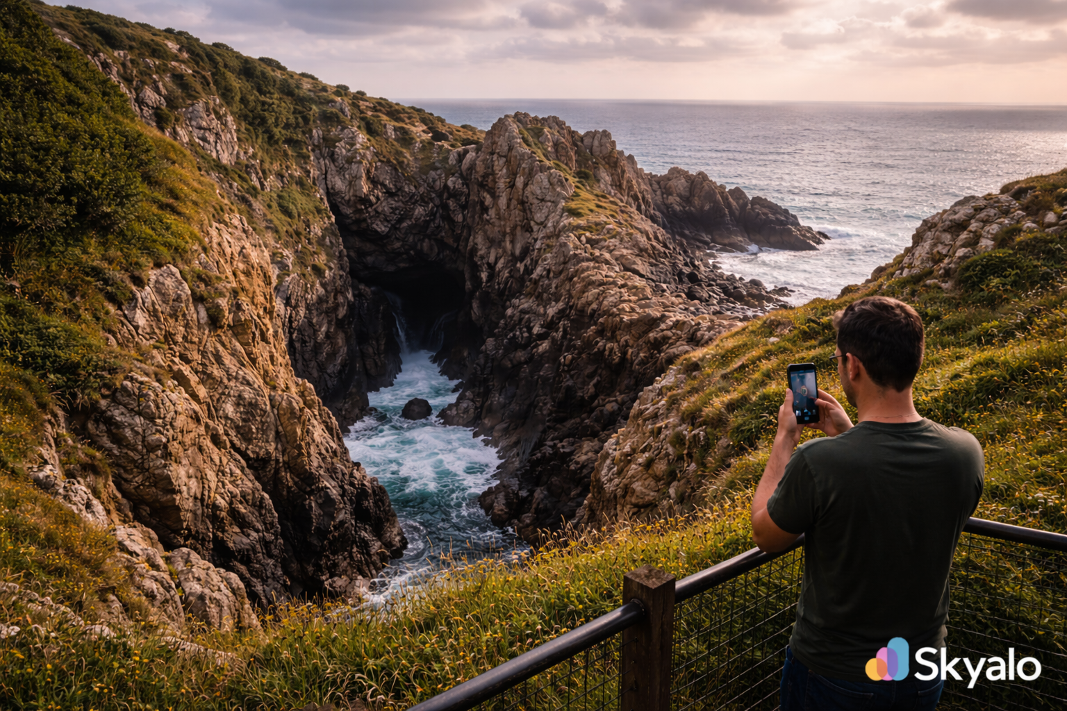 דווילס הול בג'רזי עם צוקים דרמטיים, מצוק ימי ומטייל עם סמארטפון עם eSIM פעילה ליד נקודת תצפית.