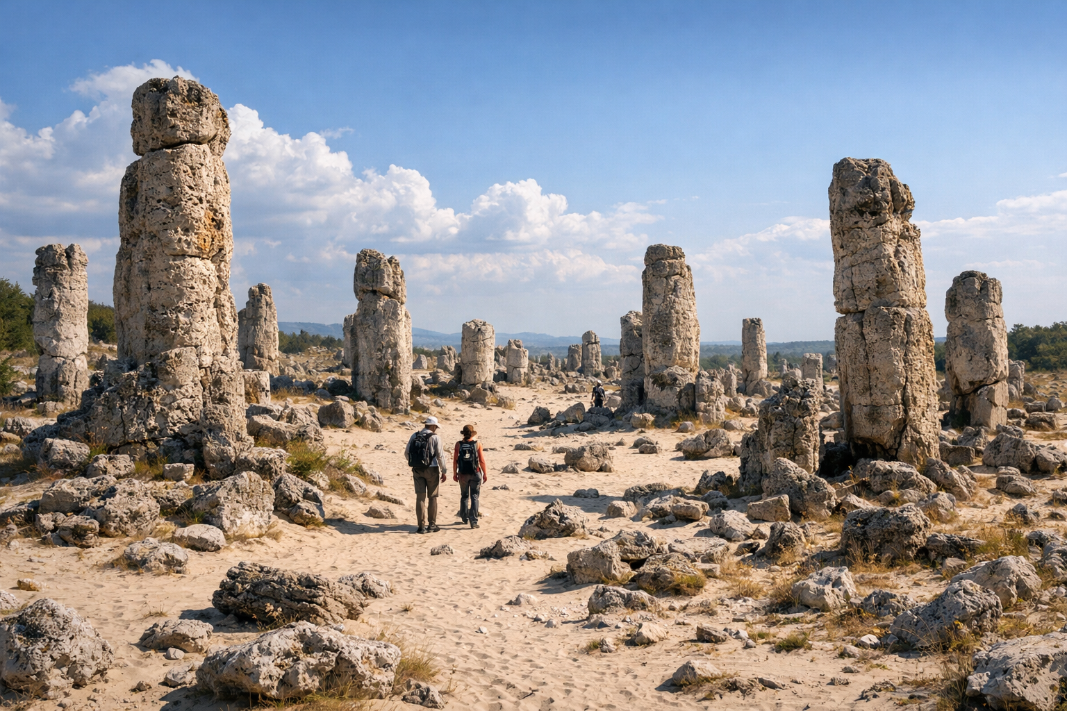 The Stone Forest near Varna and tourists exploring the natural phenomenon