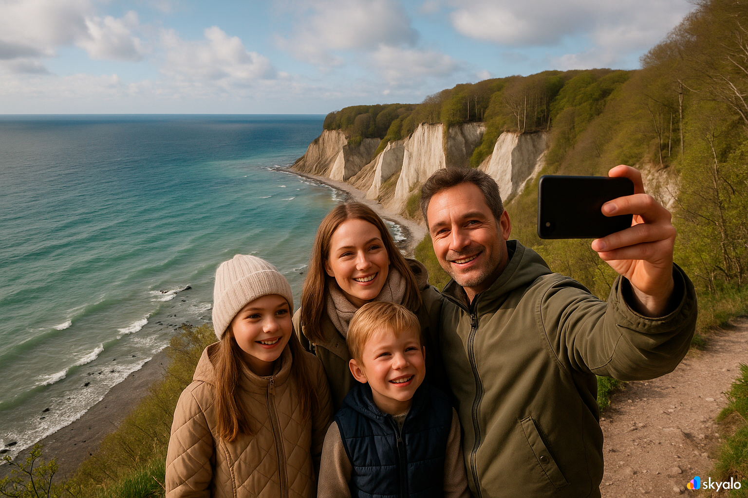 Rügen Island; a family is photographed by the white chalk cliffs on the Baltic Sea coast