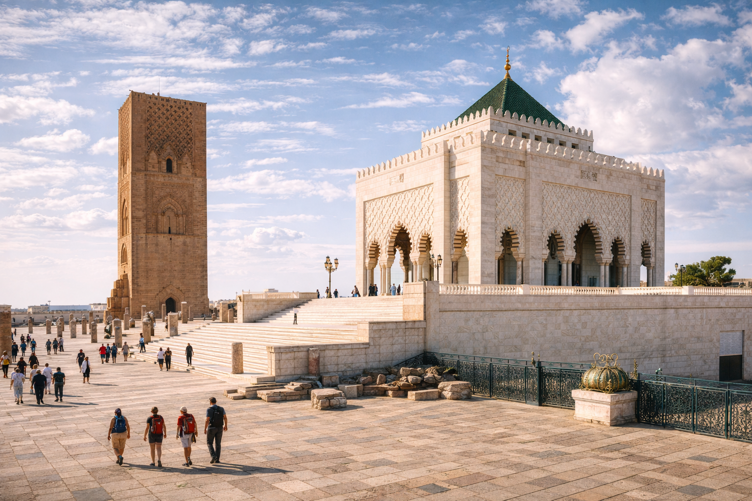 Hassan Tower and the Mausoleum of Mohammed V in Rabat.
