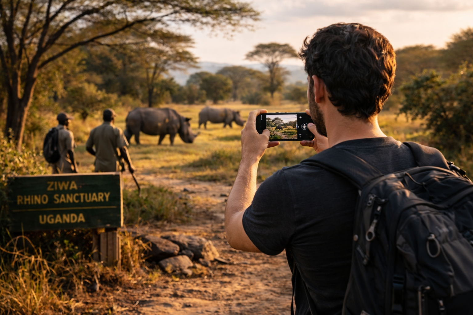 Tempat Perlindungan Ziwa Rhino di Uganda dengan badak sumbu, savana dan pelancong dengan telefon pintar dan eSIM sebelum lawatan