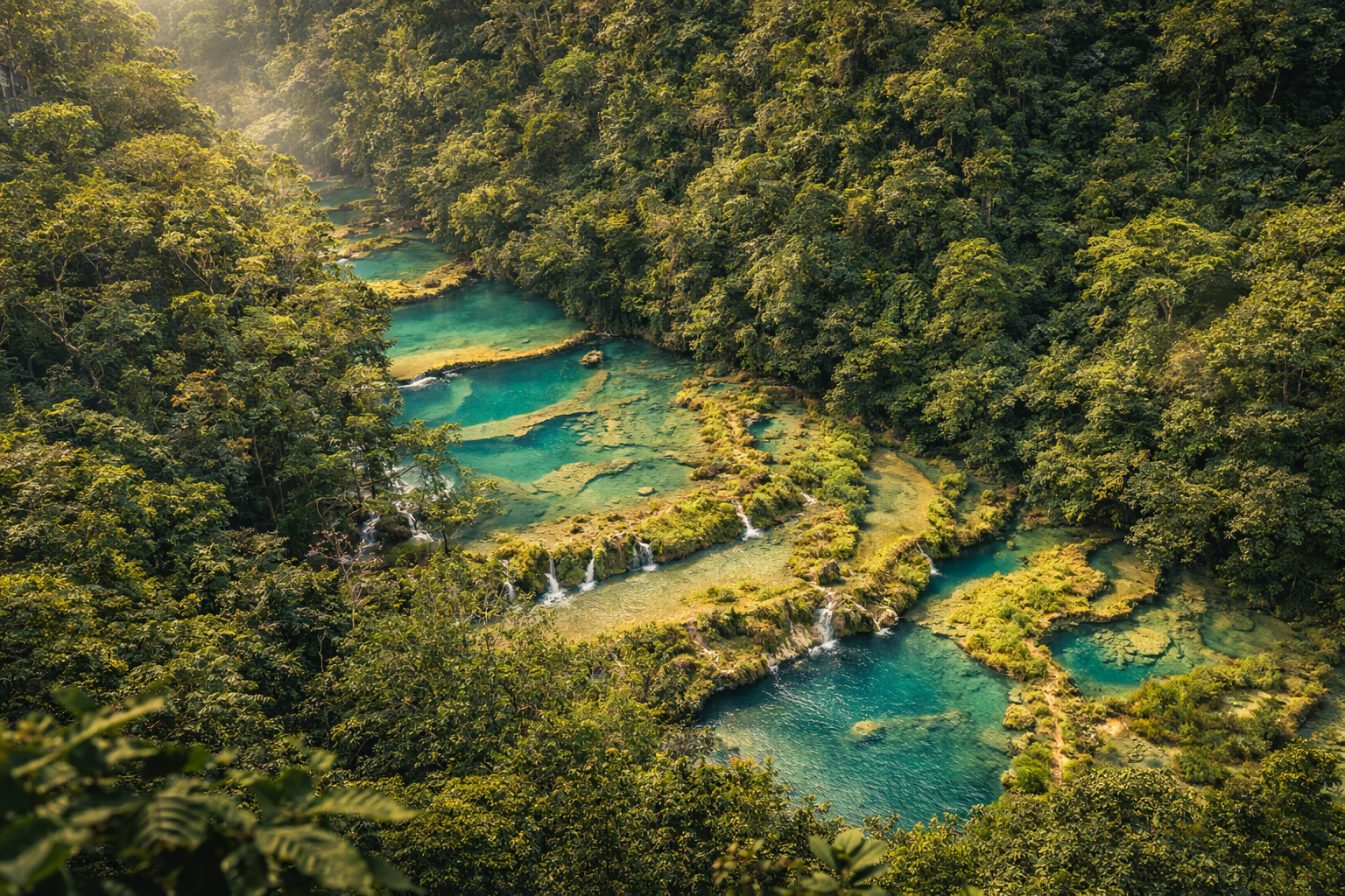 סמוק שמפיי בגואטמלה עם בריכות טבע טורקיזיות בין הג’ונגלים
