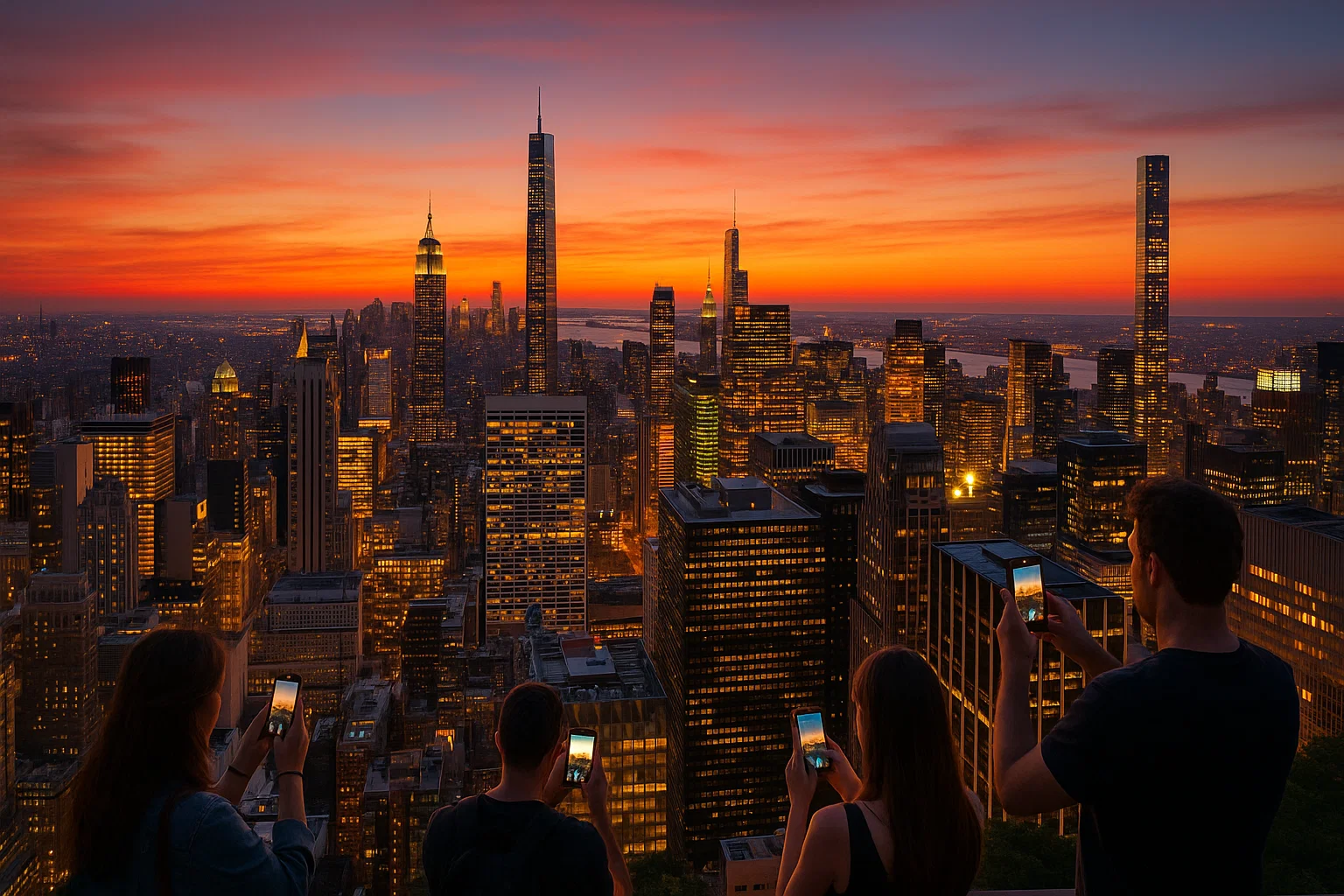 New York skyline at sunset with eSIM users