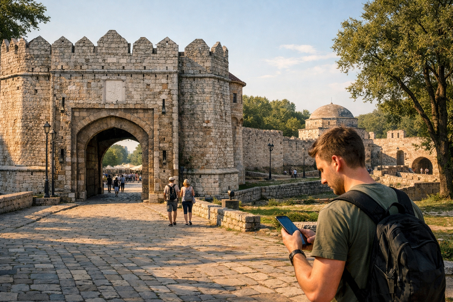 The historic Niš Fortress in Serbia with massive stone walls and inner courtyards.