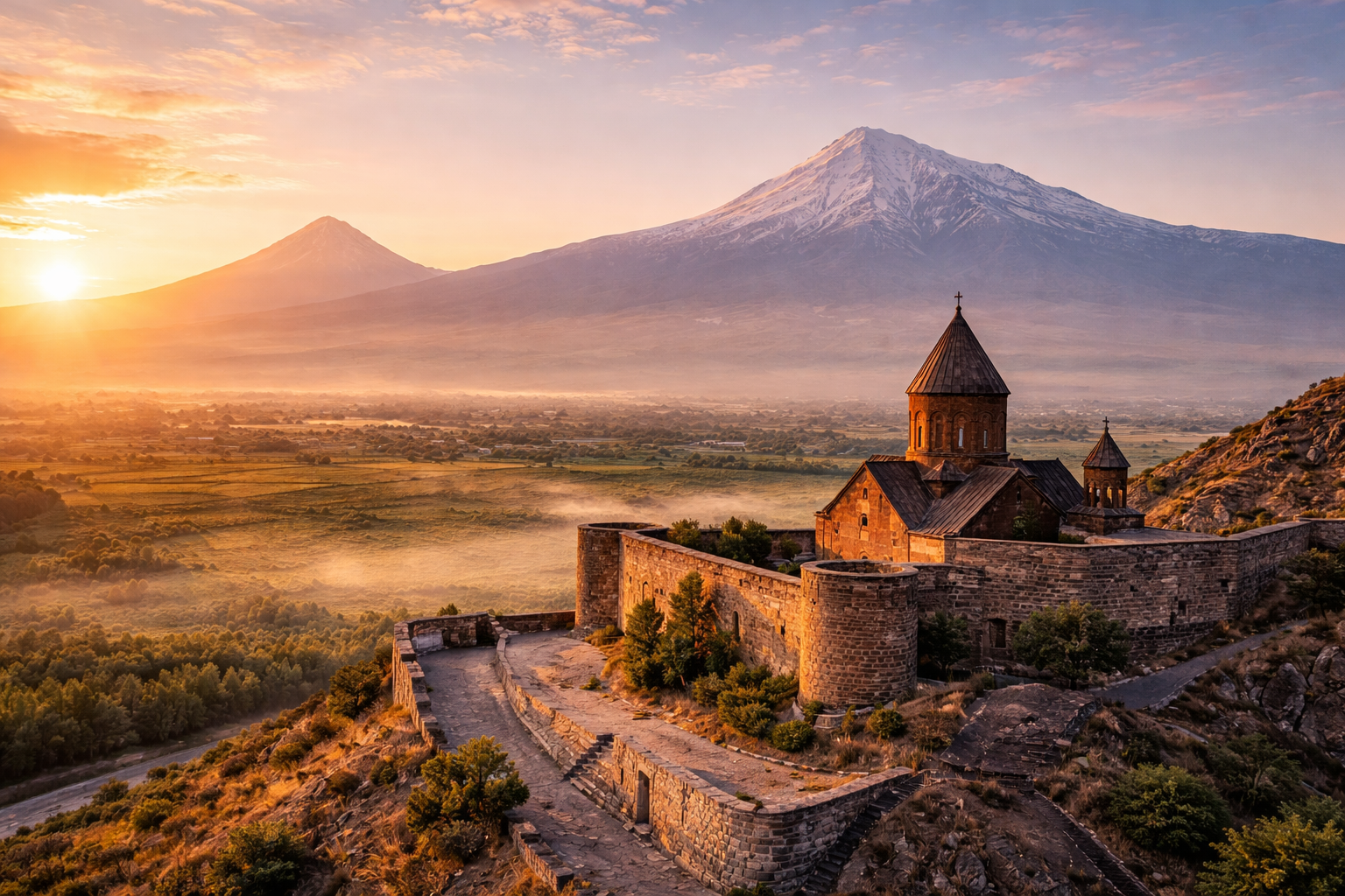 Khor Virap Monastery with a view of Mount Ararat