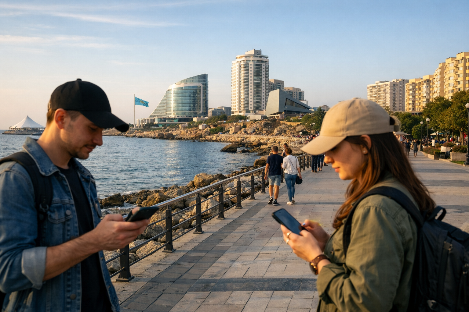 مسافرون يتنزهون على كورنيش أكتاو بهواتف ذكية وeSIM