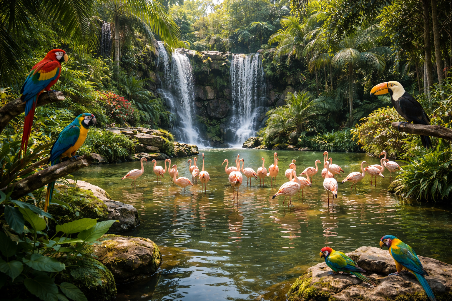 Flamingos and tropical birds at Jurong Bird Park.