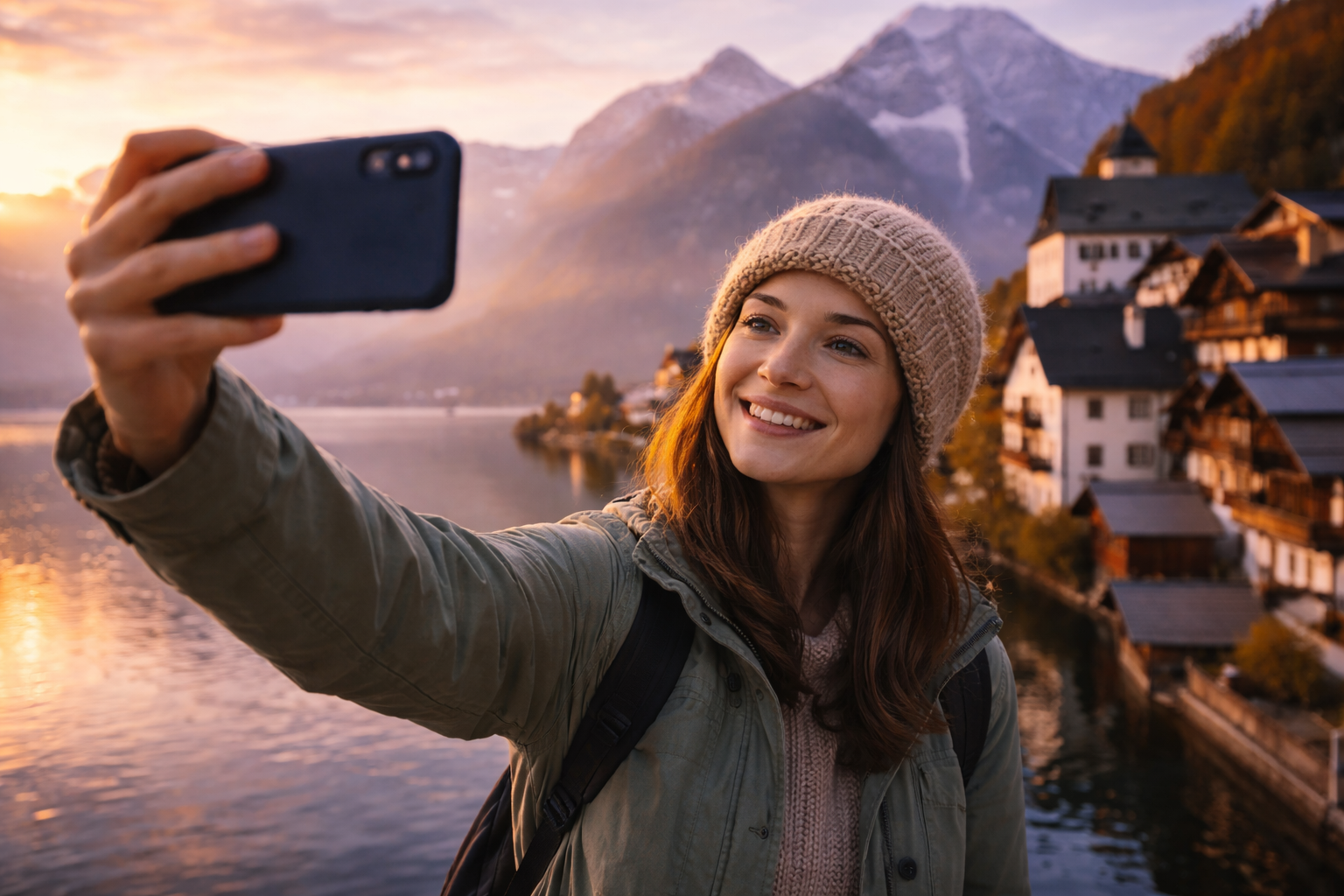 A selfie at Lake Hallstatt while using an eSIM for traveling in Austria