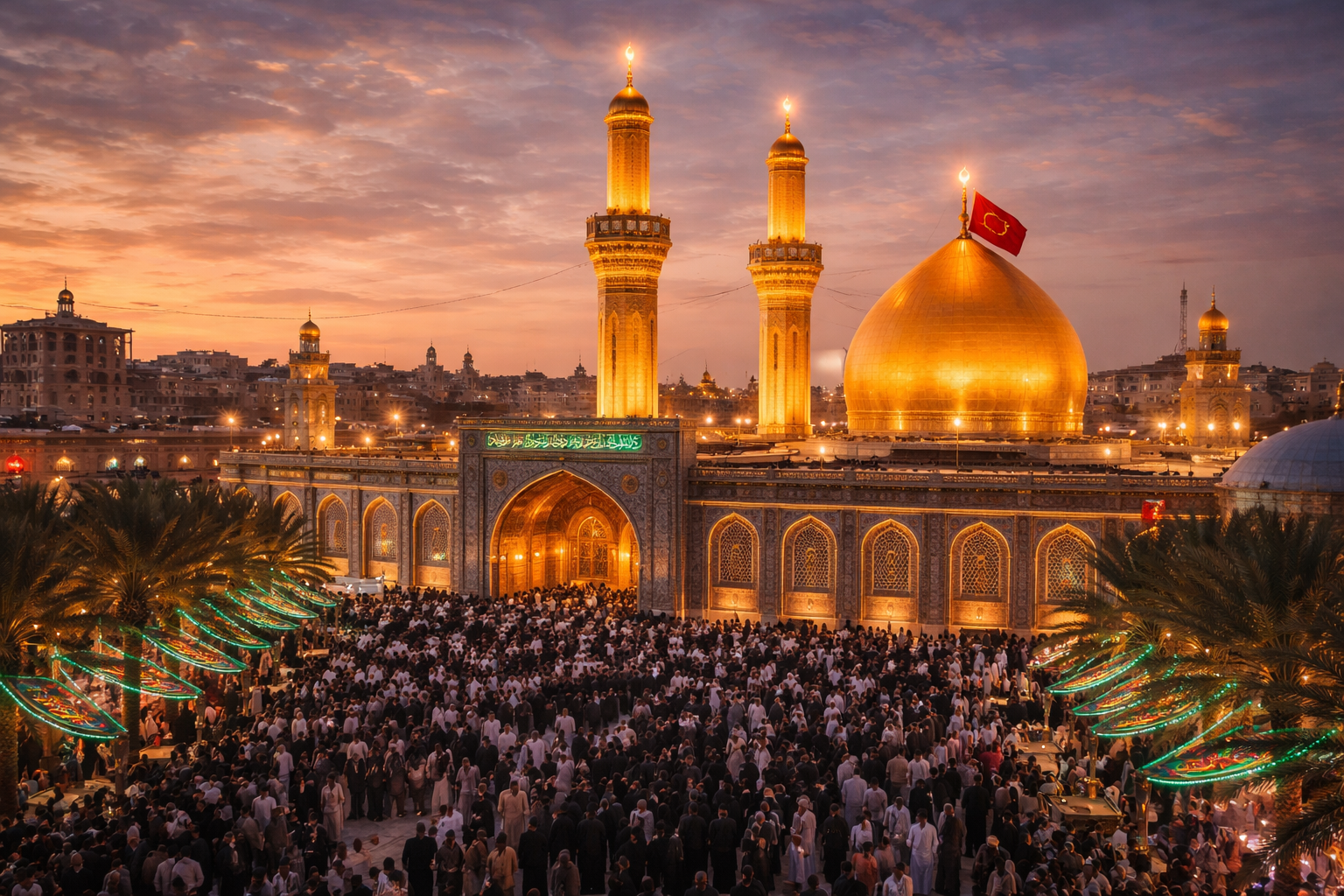 Ciudad de Kerbala con cúpulas doradas y complejos religiosos entre edificios urbanos