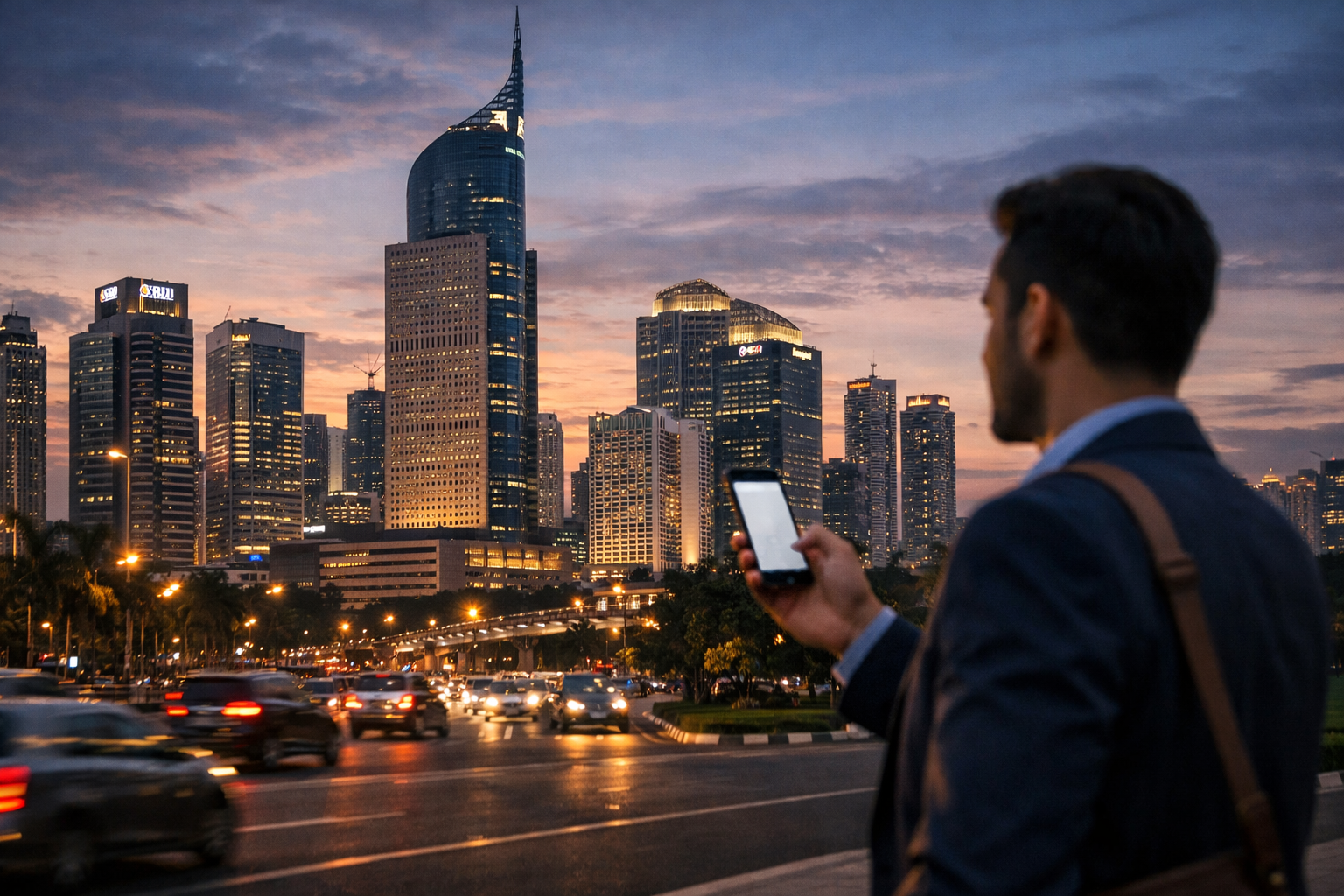 Jakarta skyscrapers and a man with a smartphone