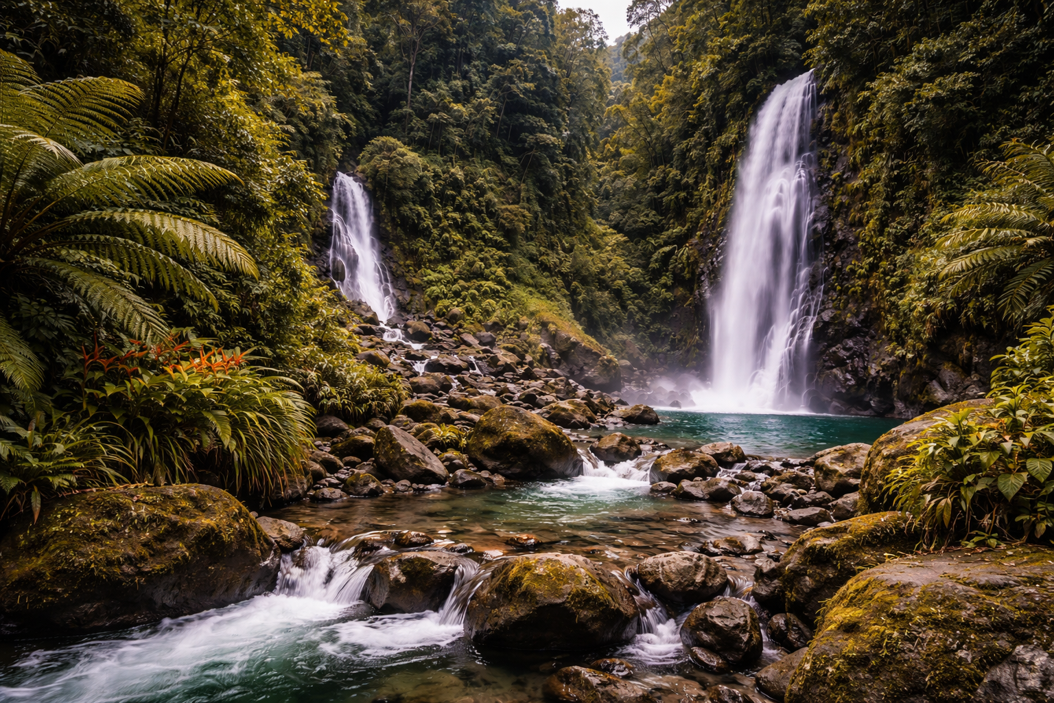 Wodospady Trafalgar w tropikalnym lesie Dominiki