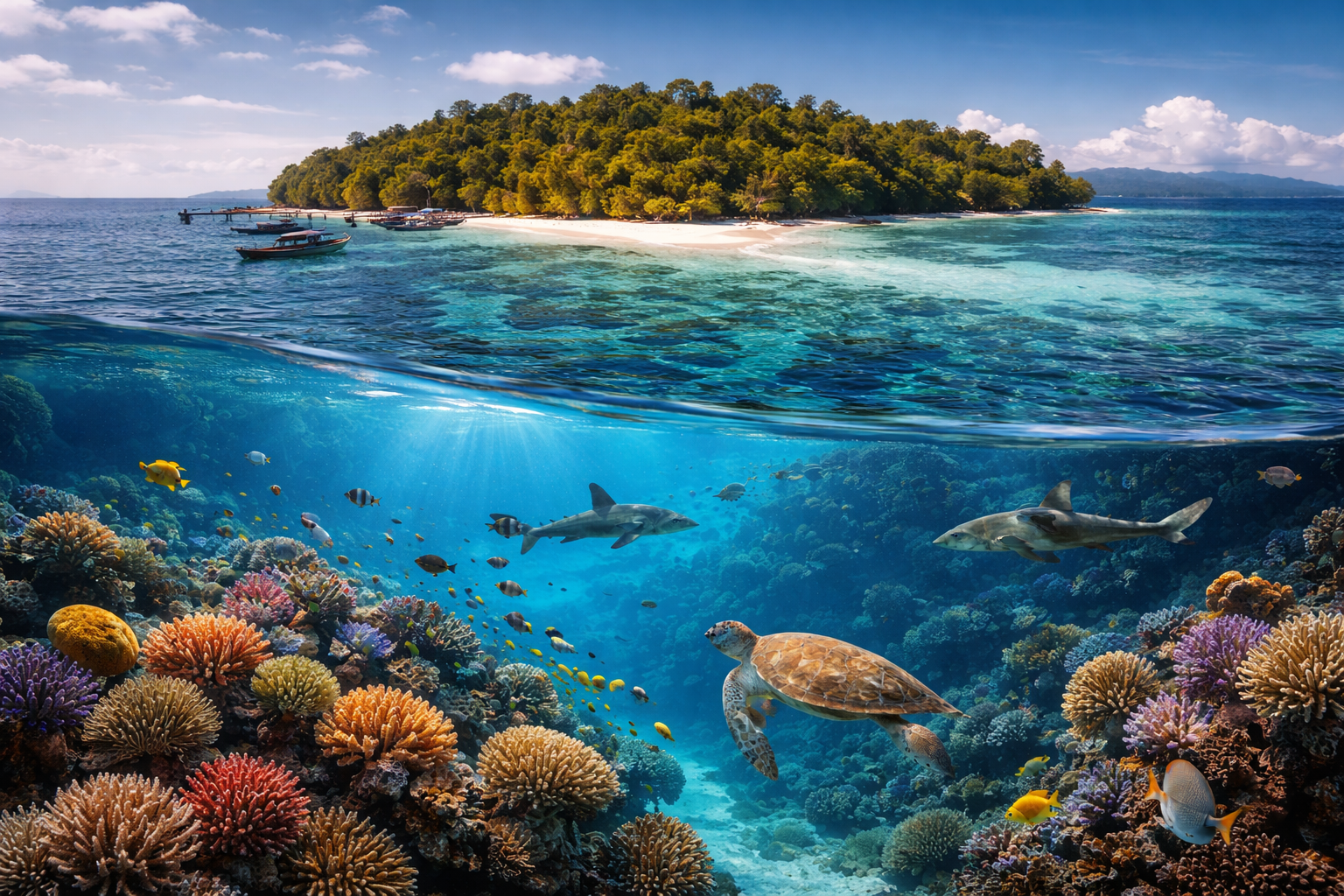 Остров Сипадан с кристально чистым морем, насыщенными синими оттенками воды и атмосферой удалённого тропического рая