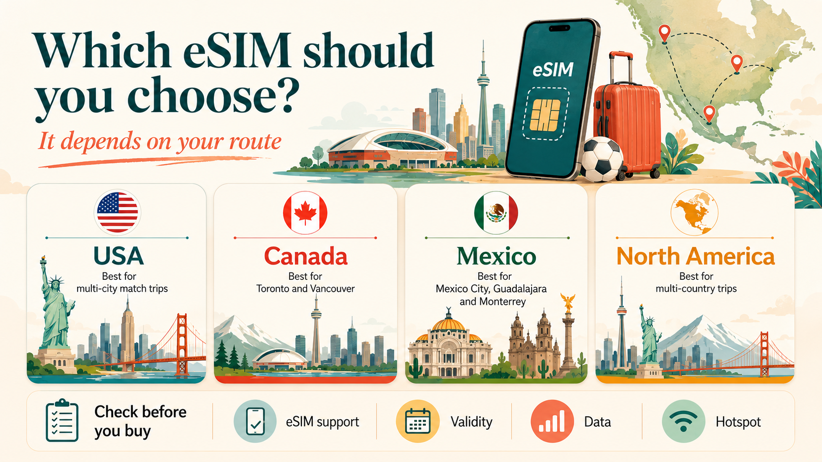 Guide to choosing an eSIM for the USA, Canada, Mexico, or North America during the 2026 World Cup