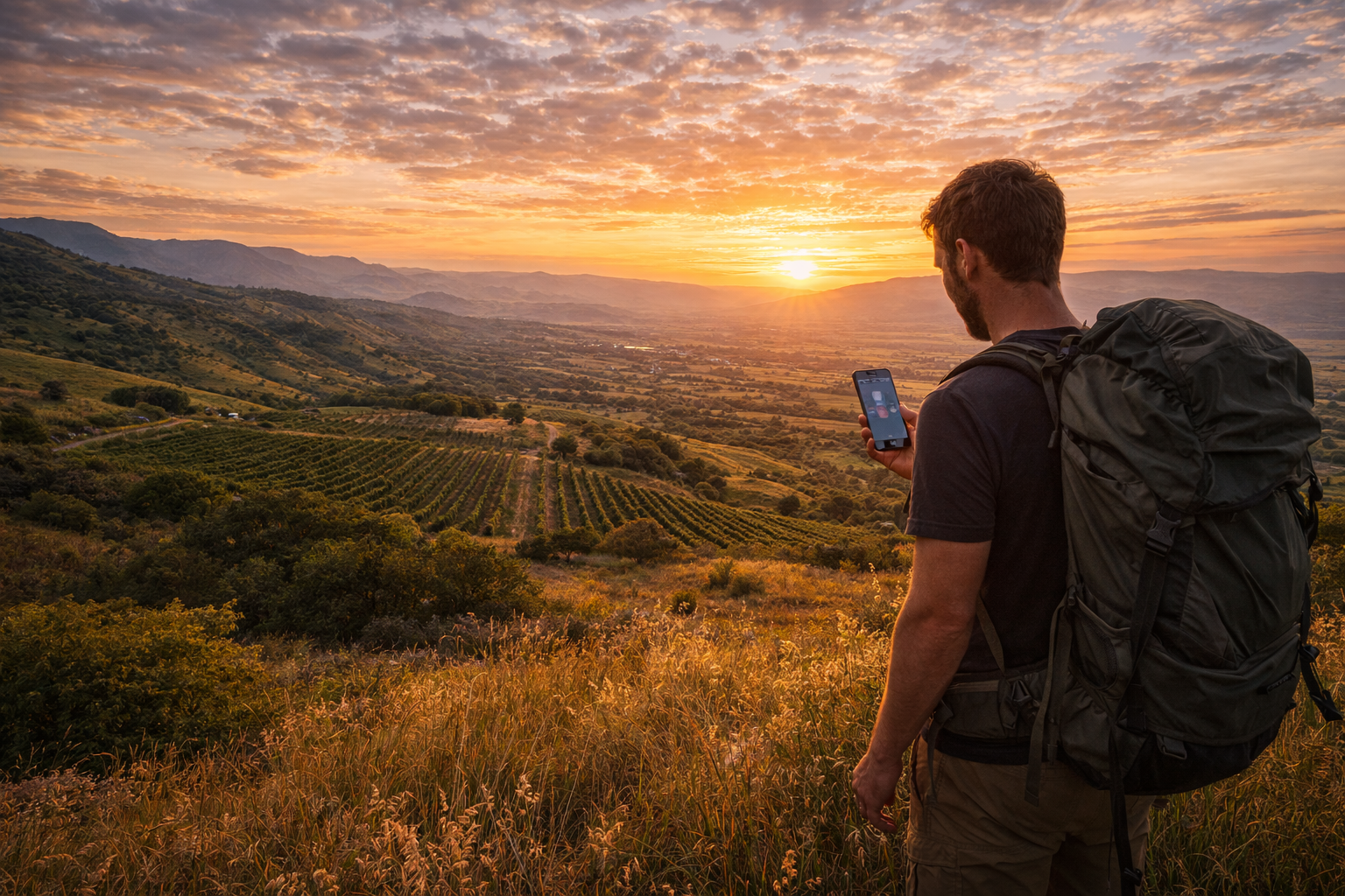 Landscapes of the Golan Heights and a traveler using a smartphone with an eSIM