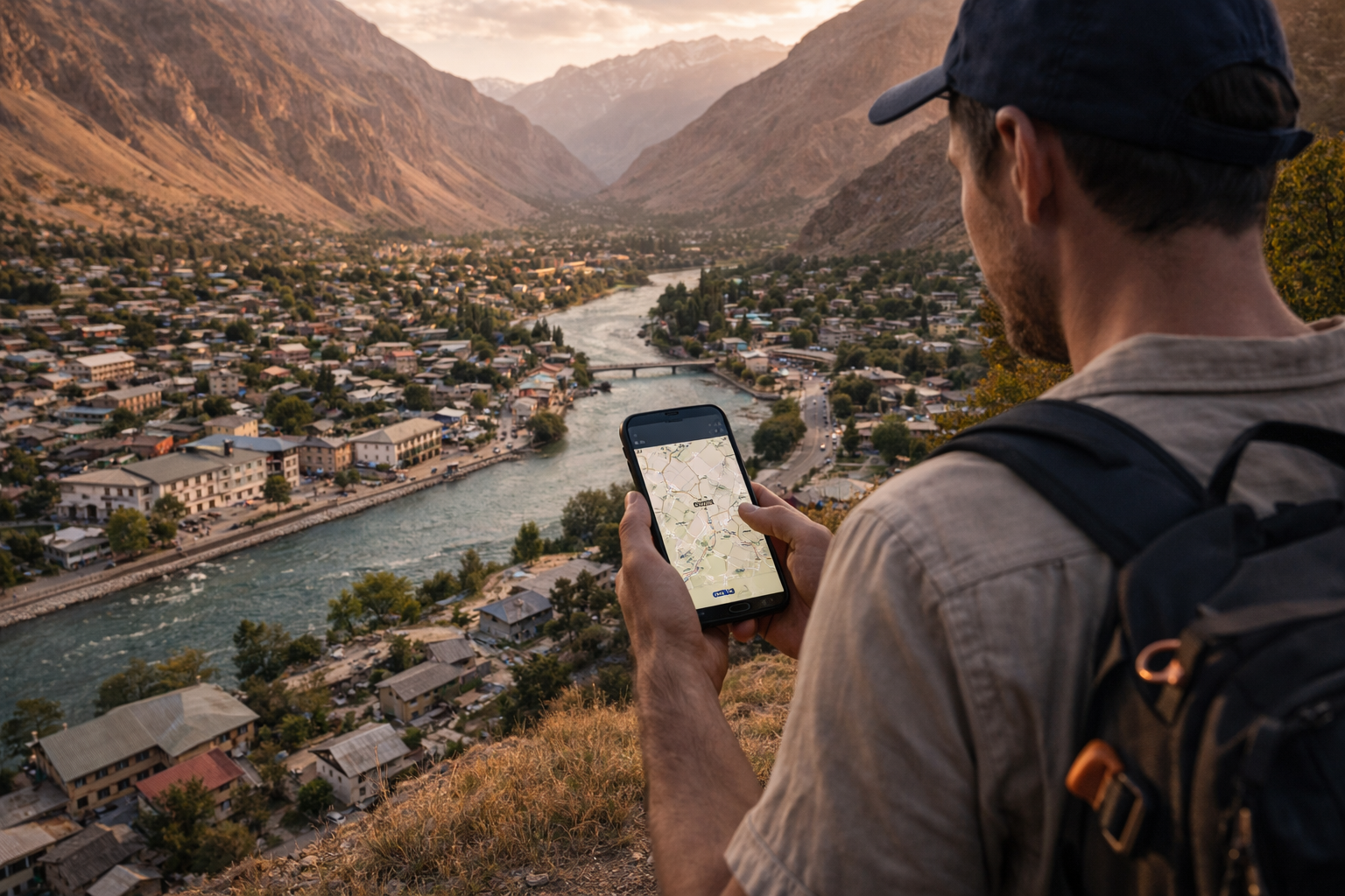 ח'ורוג בטג'יקיסטן עם עמק הררי, בנייה עירונית קומפקטית ומטייל המשתמש ב-eSIM בטלפון ליד המסלול.
