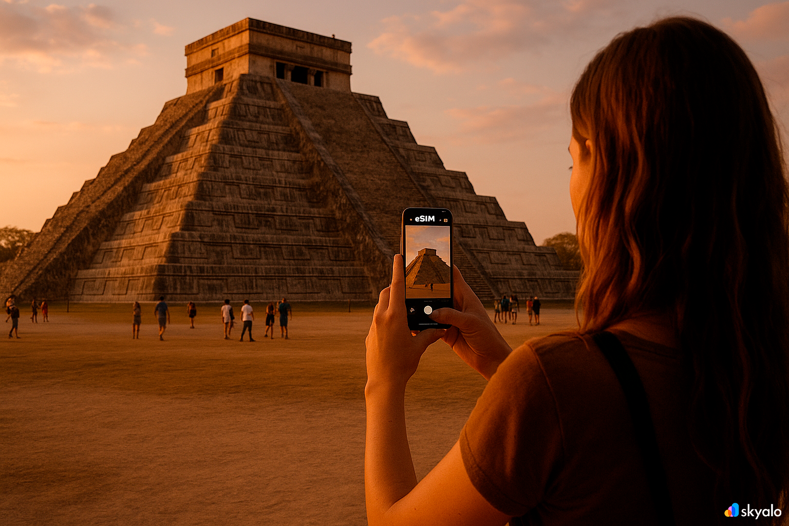 El Castillo at Chichen Itza; traveler’s phone with Skyalo eSIM, warm sunset and long shadows on the steps